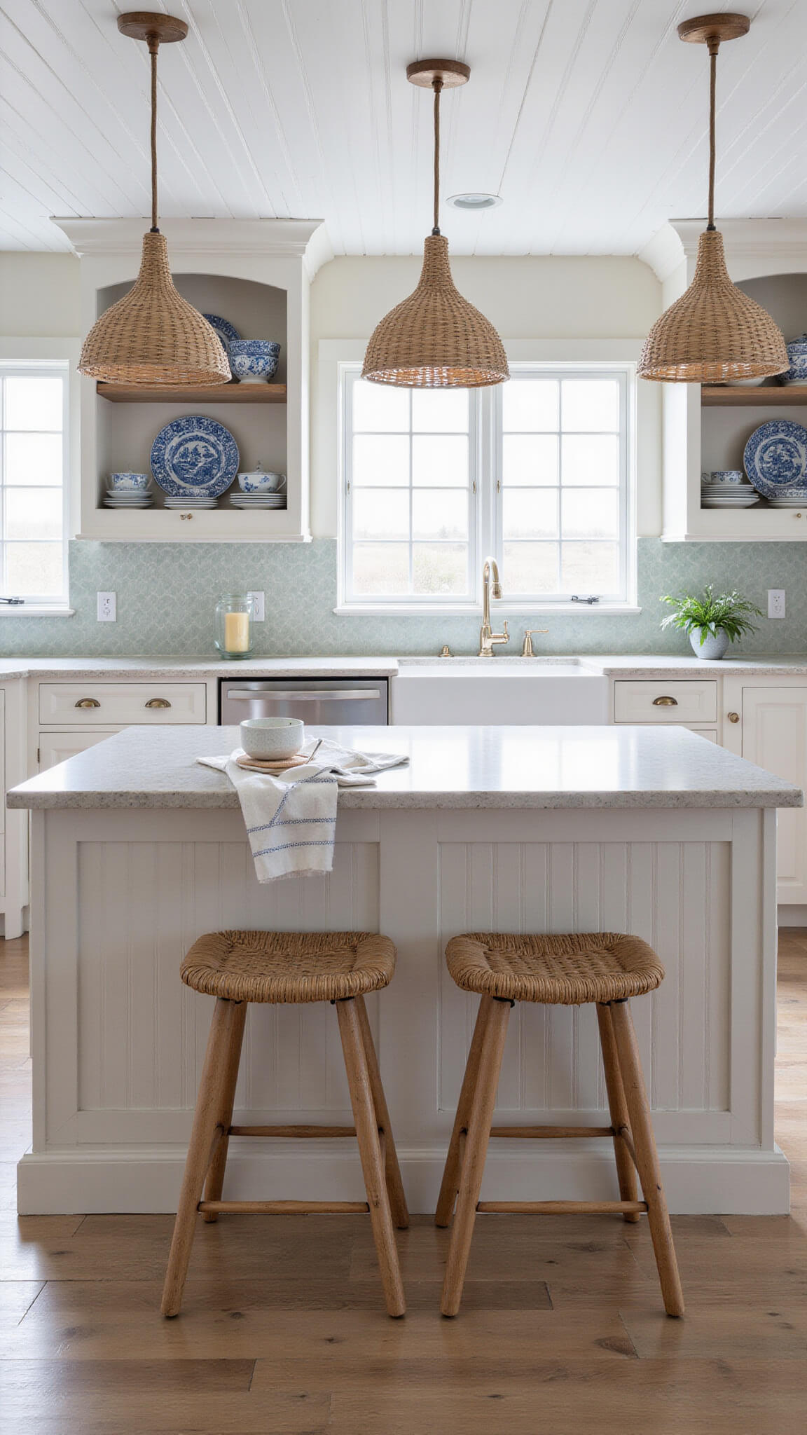 Coastal-style 14'x12' kitchen with soft blue cabinets, white shiplap ceiling, natural fiber lighting, quartzite countertops, rattan barstools, and glass wave-pattern backsplash.