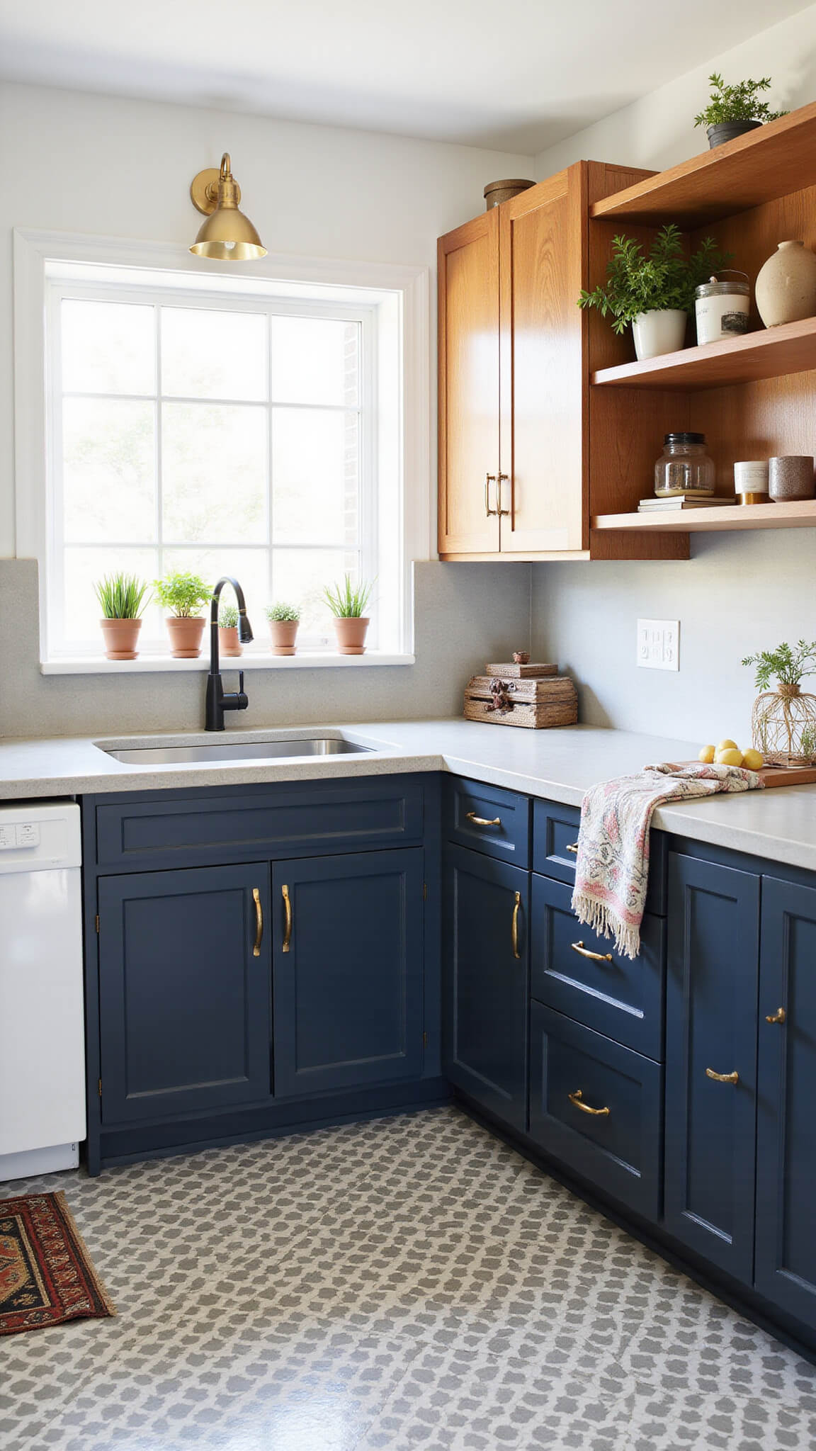 10'x10' kitchen with navy lower cabinets, warm wood uppers, geometric gray-and-white tile floor, soapstone counters, brass lights, leather pulls, floating shelves, potted herbs, and vintage kilim runner.