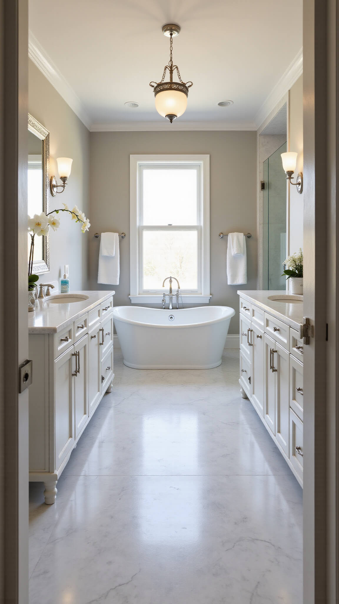 Transitional 10'x12' master bathroom with freestanding white oval tub under frosted window, Carrara marble floors, double white Shaker vanity, chrome fixtures, glass shower, and soft morning light.