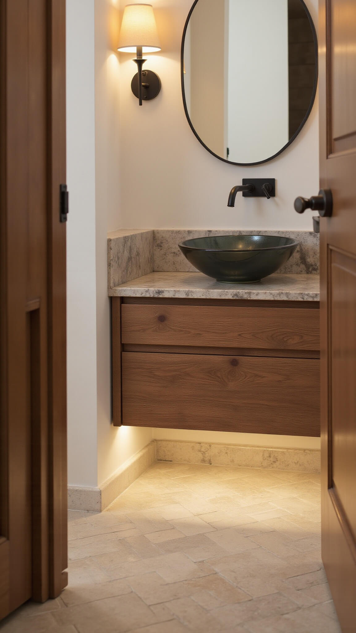 Low-angle view of a transitional 8'x10' bathroom at golden hour, featuring herringbone marble floor, floating walnut vanity with LED lighting, matte black faucet, glass vessel sink, round mirror, and traditional sconces against cream walls.
