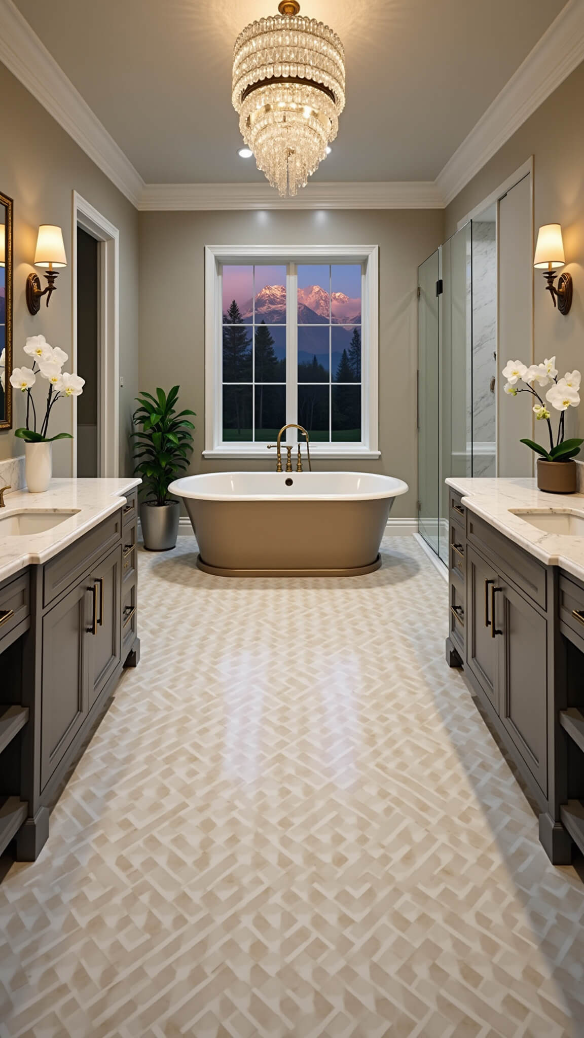 Overhead view of a luxurious transitional bathroom with central champagne soaking tub, dove gray dual vanities, marble flooring, crystal chandelier, and brass fixtures.
