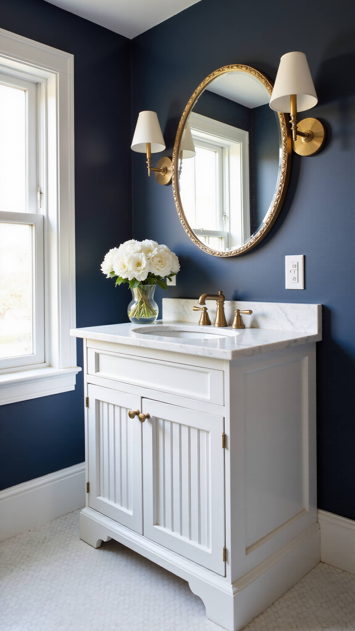 Elegant transitional powder room with white oak vanity, navy walls, brass accents, marble surfaces, and window-lit grasscloth wallpaper.
