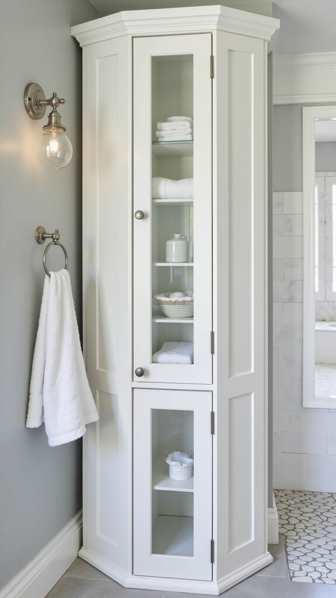 Close-up of white built-in bathroom storage tower with glass-front upper cabinets, chrome hardware, and decorative towels, flanked by glass globe sconces, against light gray walls and marble mosaic floor.