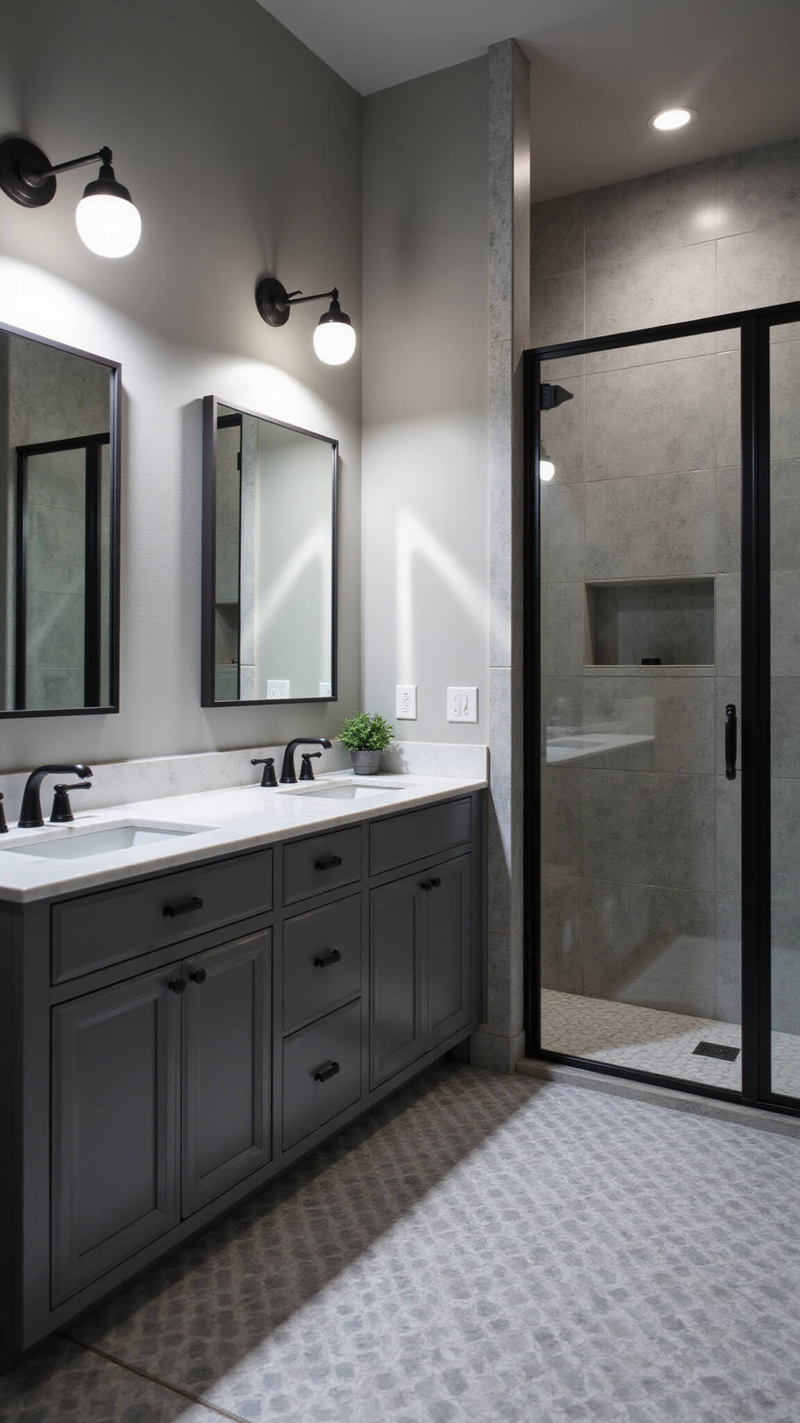 Dramatic night view of transitional bathroom with LED lighting, gray double vanity, backlit mirrors, geometric floor tiles, and glass shower with black fixtures.