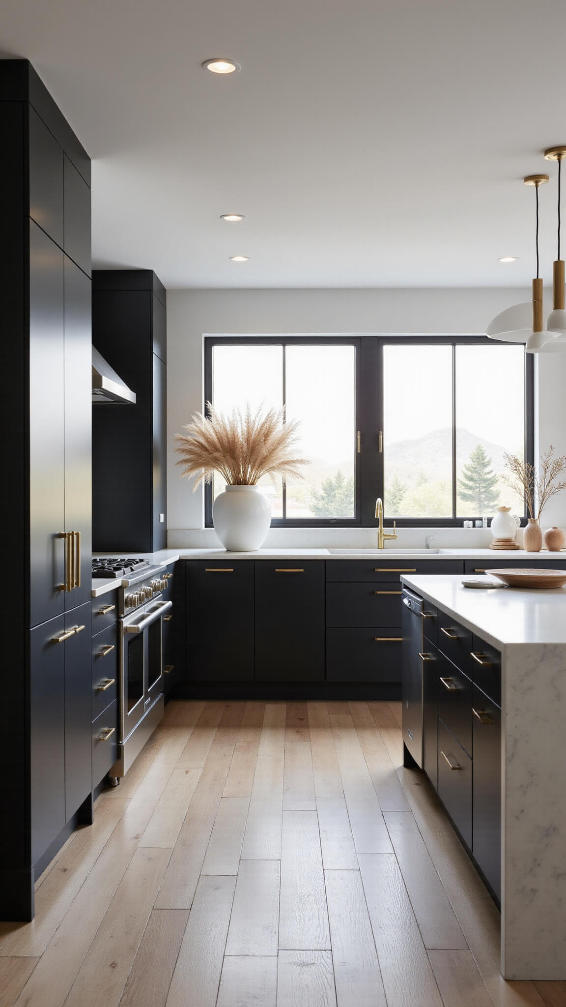 Modern black kitchen with matte cabinets, white quartz island, brass accents, and morning sunlight streaming through large east-facing windows.
