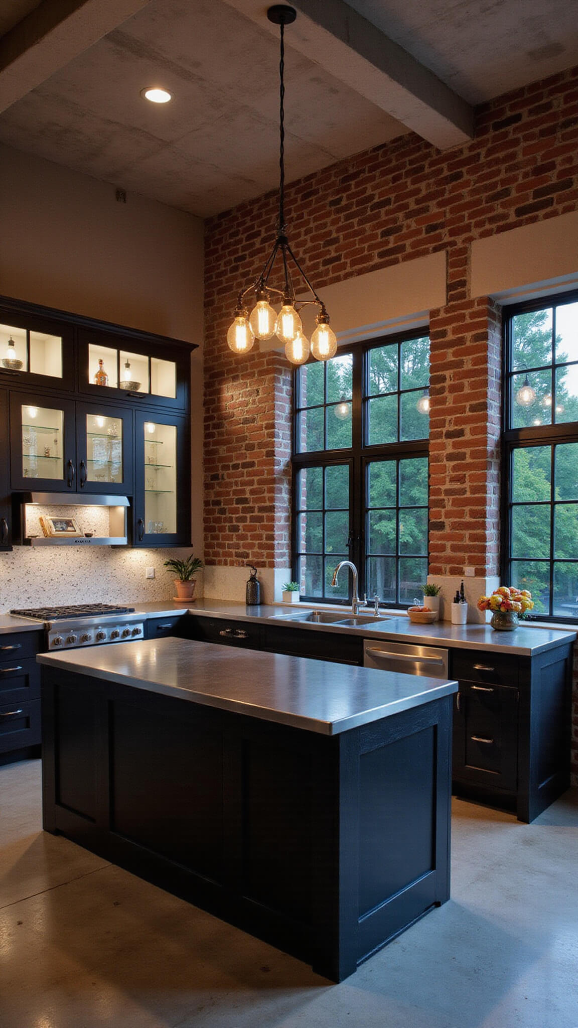 Industrial-chic black kitchen with exposed brick walls, concrete ceiling beams, illuminated glass-front cabinets, and Edison bulb pendant lights over large island at dusk.