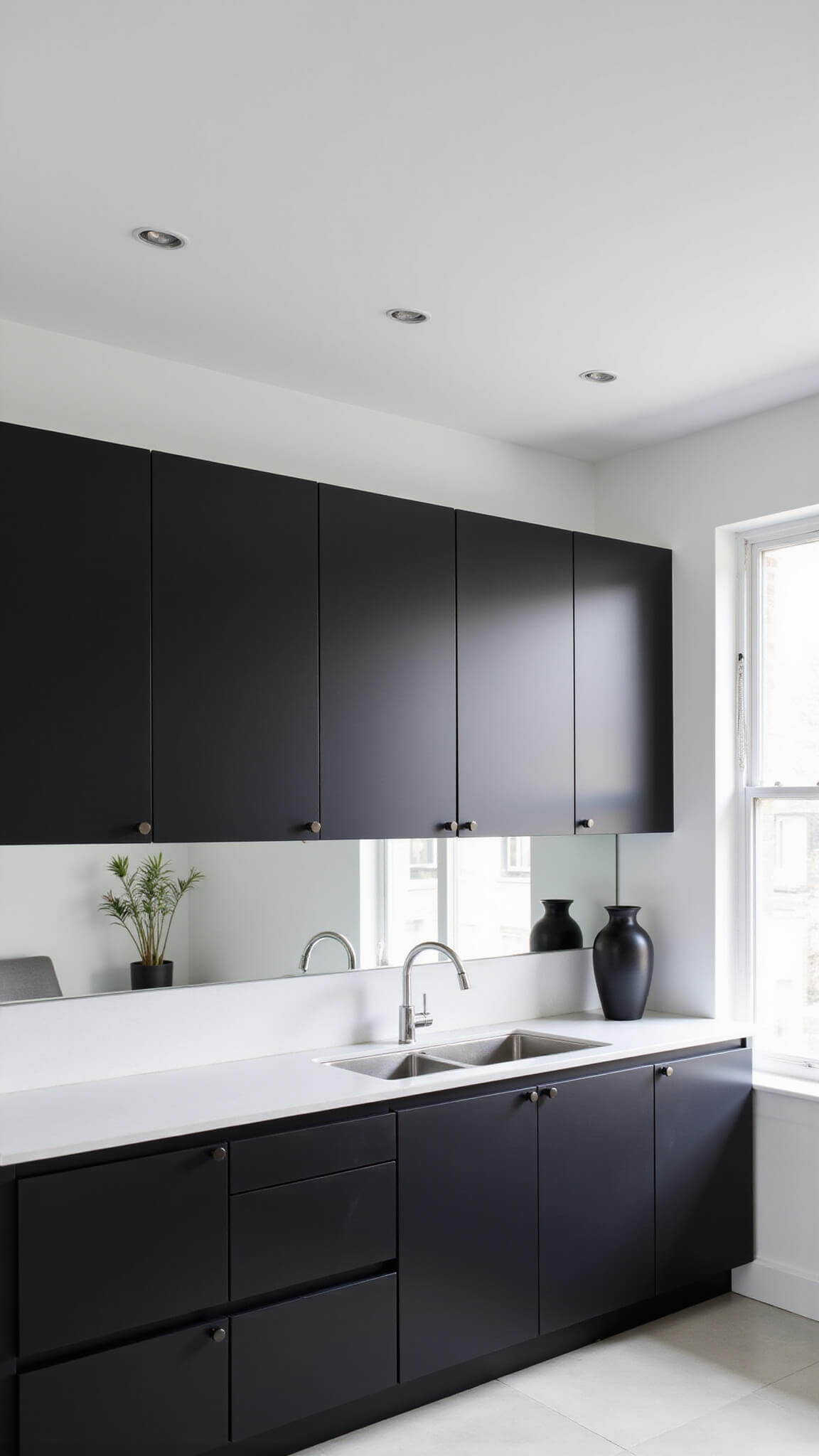 Minimalist black kitchen with matte lower cabinets, glossy white uppers, white quartz counters, mirrored backsplash, and clean integrated handles in a compact 12x10ft space.