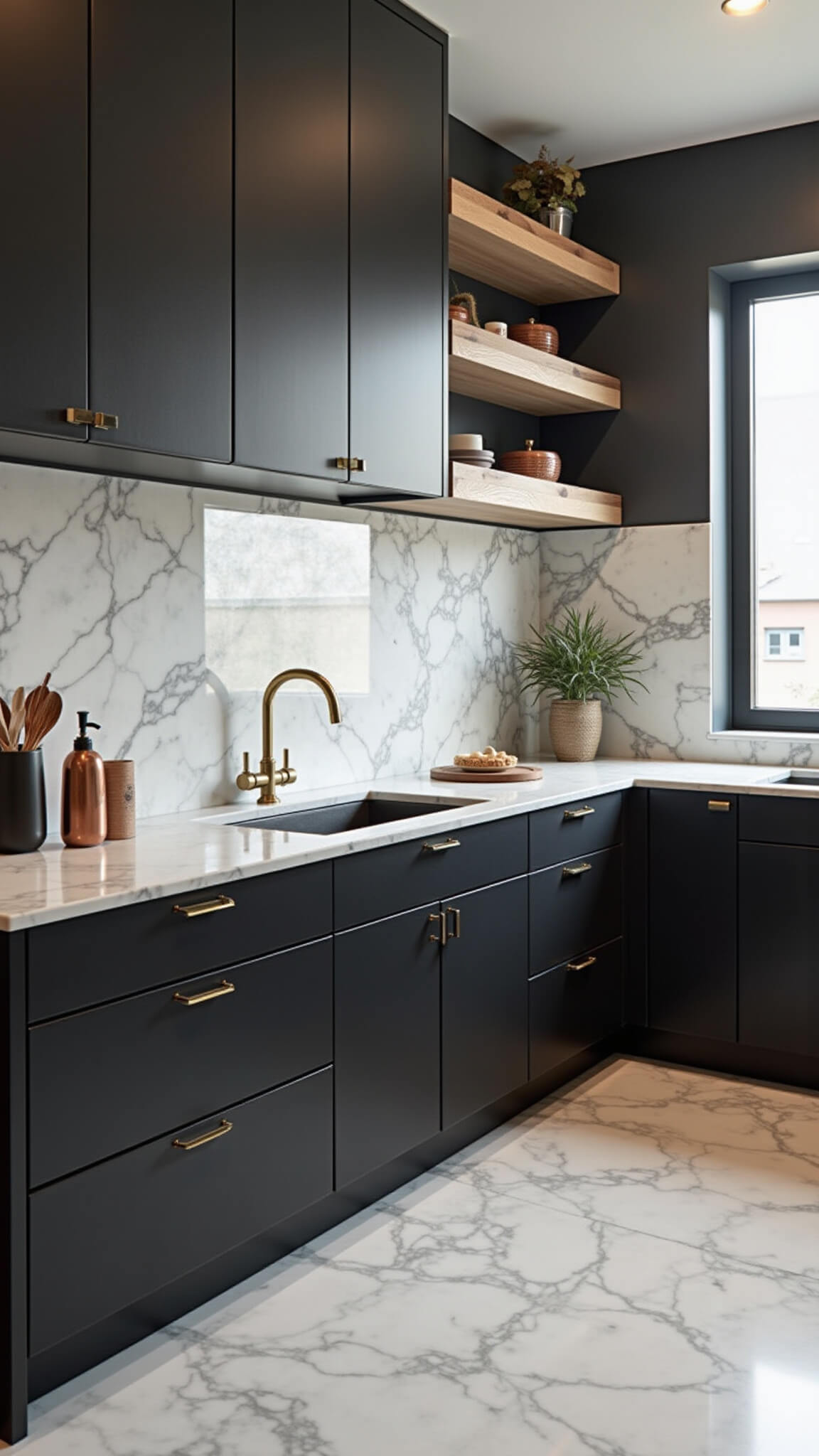 Contemporary black and white marble kitchen with floor-to-ceiling windows, black cabinets, dramatic marble backsplash, brass pendants, and white oak shelves.