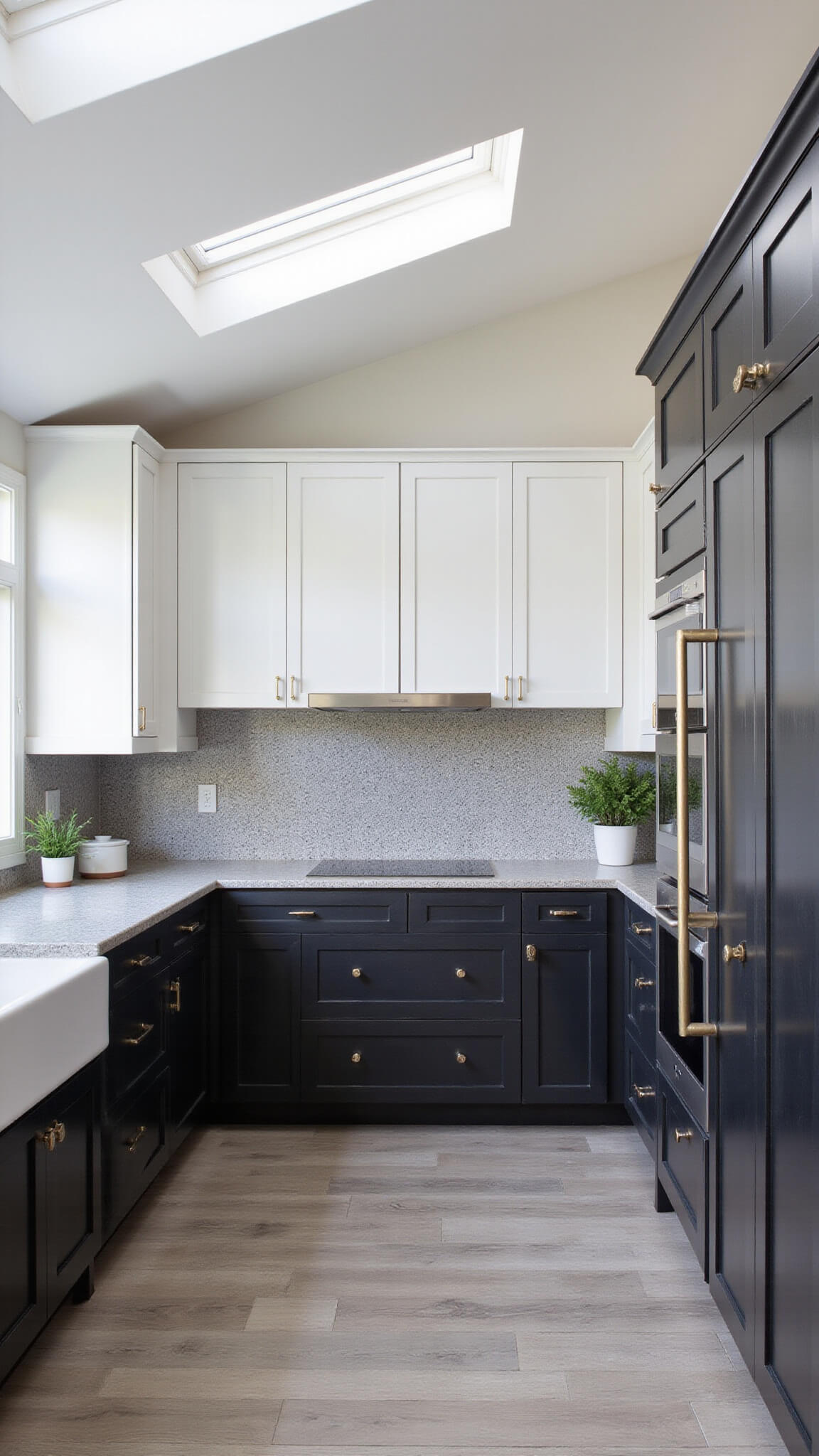 Two-tone transitional black kitchen with white upper cabinets, textured black lowers, warm grey quartz counters, mixed metal hardware, geometric grey-scale tile backsplash, and grey-washed wide plank floors in natural afternoon light.