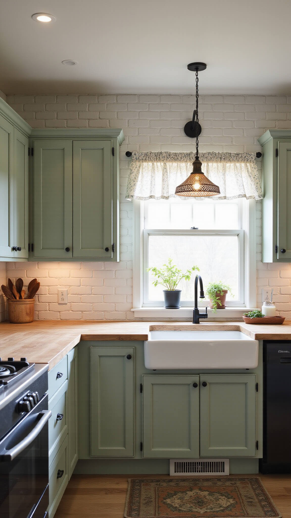Cozy 10x12ft farmhouse kitchen at sunrise with sage green cabinets, white brick backsplash, butcher block countertops, farmhouse sink under a window with café curtains, vintage decor, and woven pendant lighting.