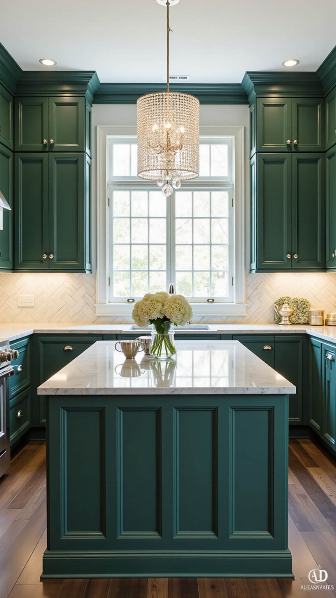 Elegant 11x14ft kitchen with deep green cabinets, Carrara marble surfaces, herringbone backsplash, and crystal chandelier, styled with silver accents and white hydrangeas.