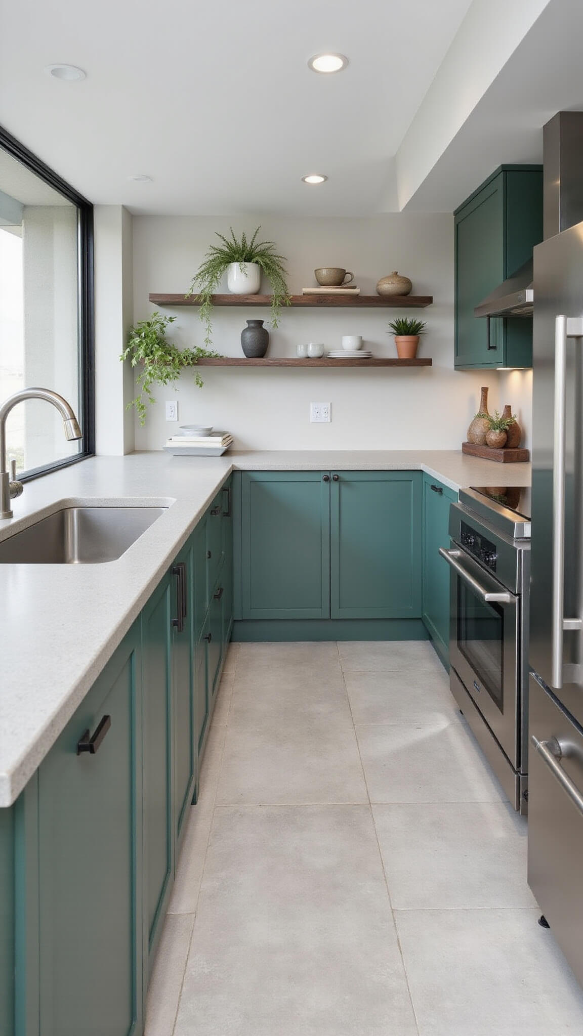 Modern open-concept kitchen with hunter green cabinets, concrete countertops, and stainless steel appliances, viewed from above in natural midday light.