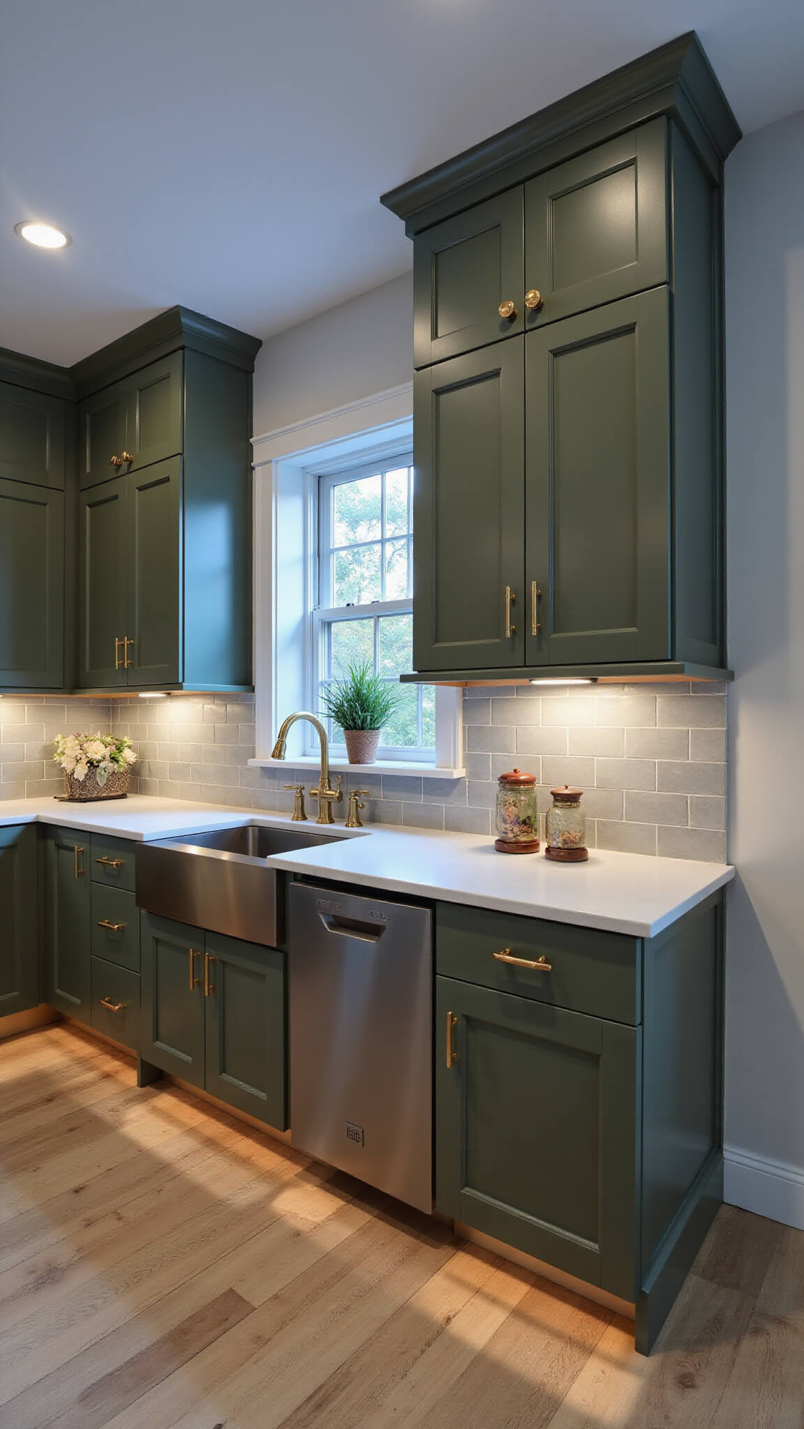 12x14ft kitchen during blue hour with olive green traditional cabinets, gold hardware, white quartz countertops, gray subway tile backsplash, mixed metallic accents, and floral arrangements under warm under-cabinet lighting.