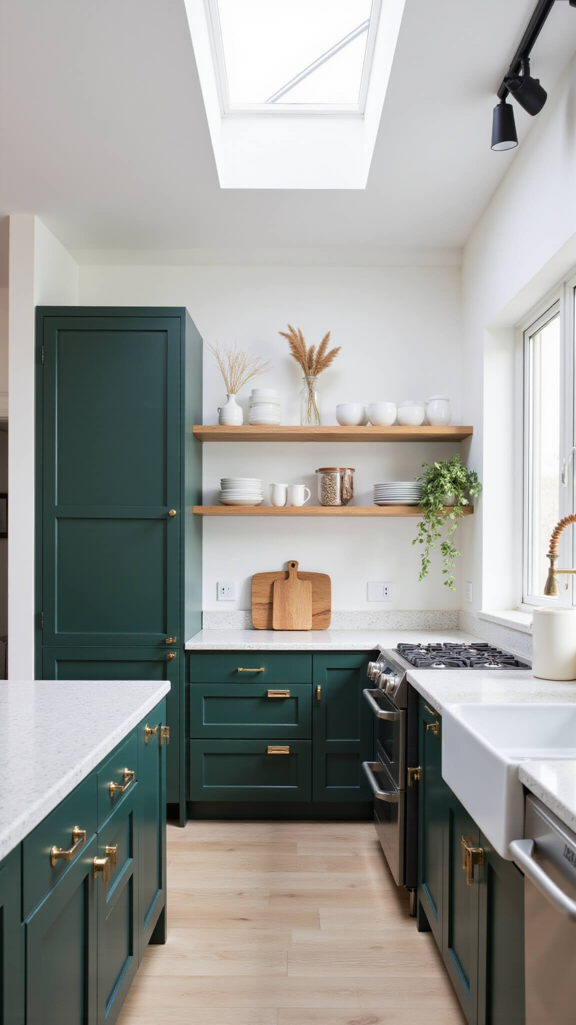 Scandinavian kitchen with dark green cabinets, white oak shelves, light terrazzo counters, and natural light from skylight.