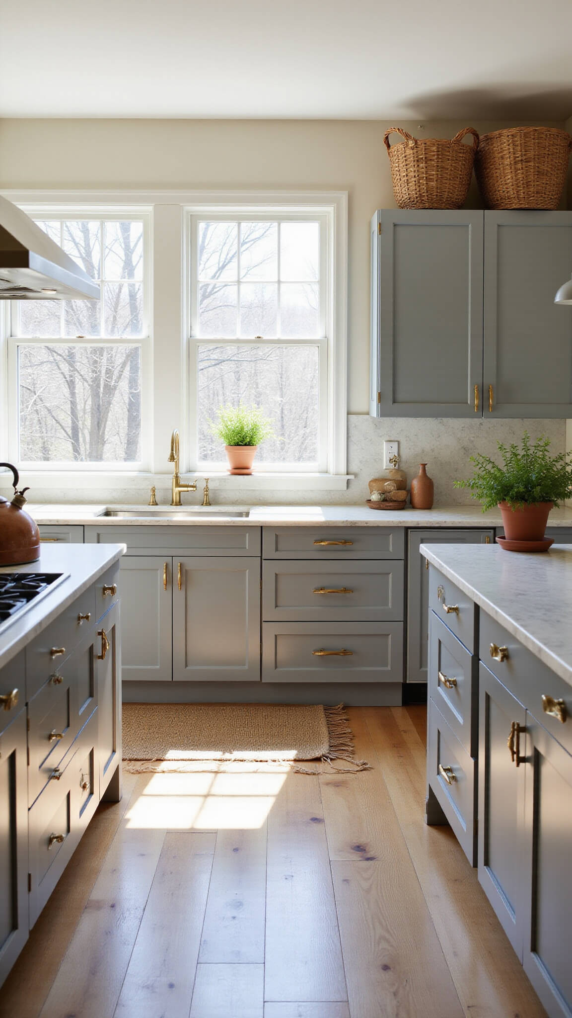Bright, spacious kitchen with gray shaker cabinets, marble island, oak floors, and sunlit brass accents, styled with artisanal decor and fresh greenery.