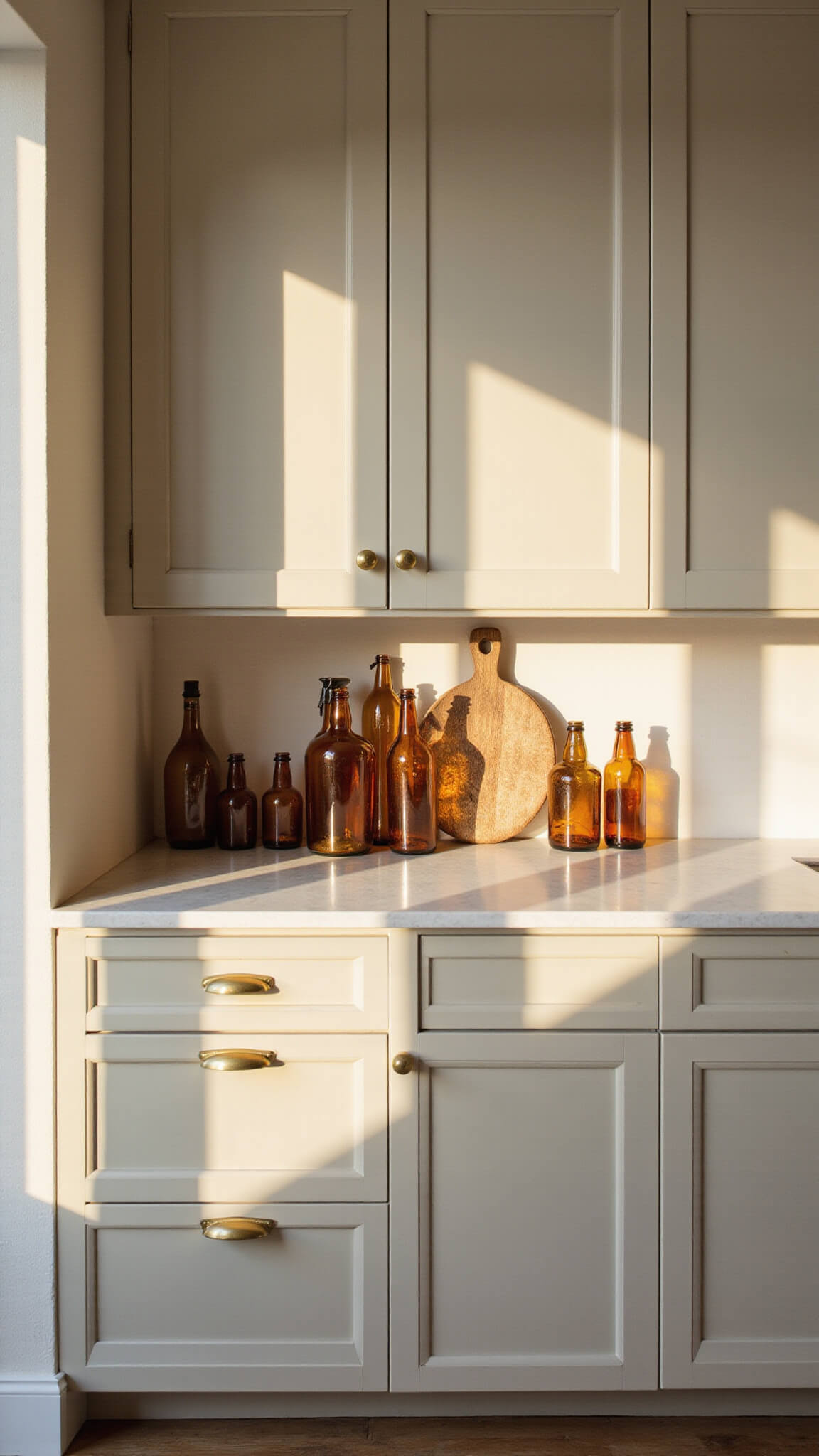 Golden hour light fills a cozy kitchen nook with greige floor-to-ceiling cabinets, unlacquered brass cup pulls, amber glass bottles, and warm pendant lighting over white quartz countertops.