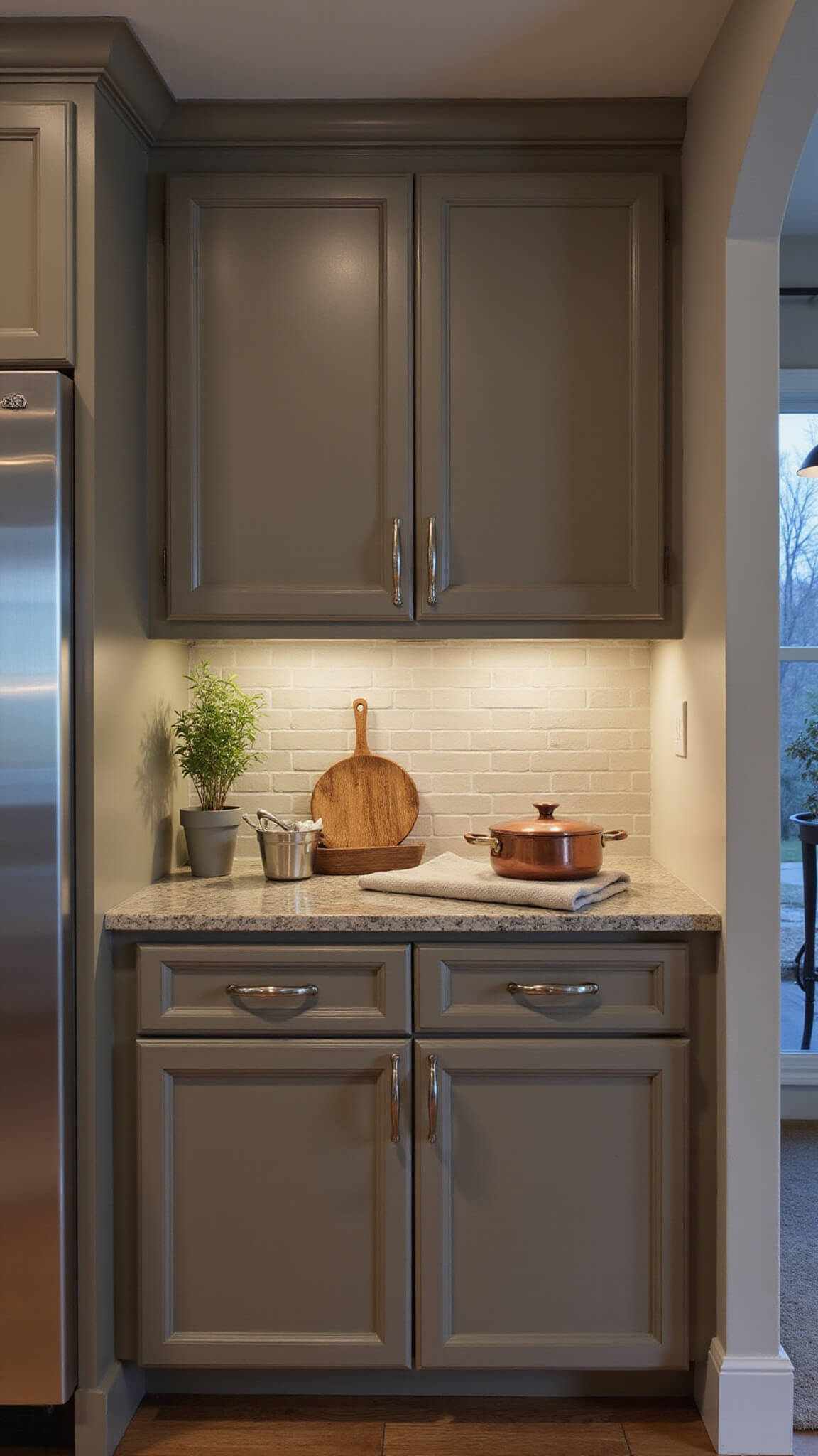 Cozy galley kitchen with taupe ceiling-height cabinets, copper cookware, brushed nickel and aged copper accents, under-cabinet lighting, subway tile backsplash, and sage green potted herbs during blue hour.