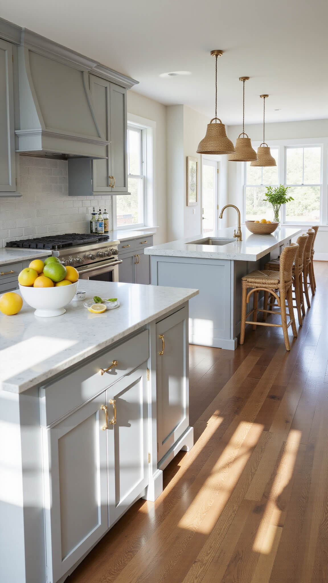 Low-angle view of a sunlit open concept kitchen with Agreeable Gray cabinets, oversized waterfall quartz island, champagne bronze hardware, seagrass barstools, and citrus accents.