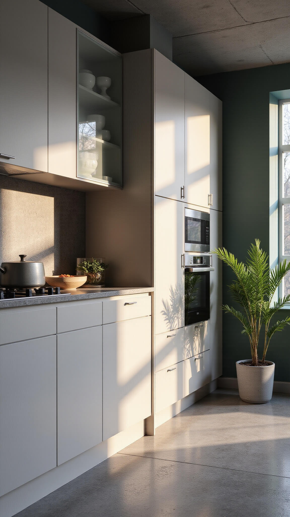 Petite modern urban kitchen with floor-to-ceiling Silver Drop cabinets, ribbed glass fronts, metallic backsplash, and late afternoon sun casting geometric patterns.