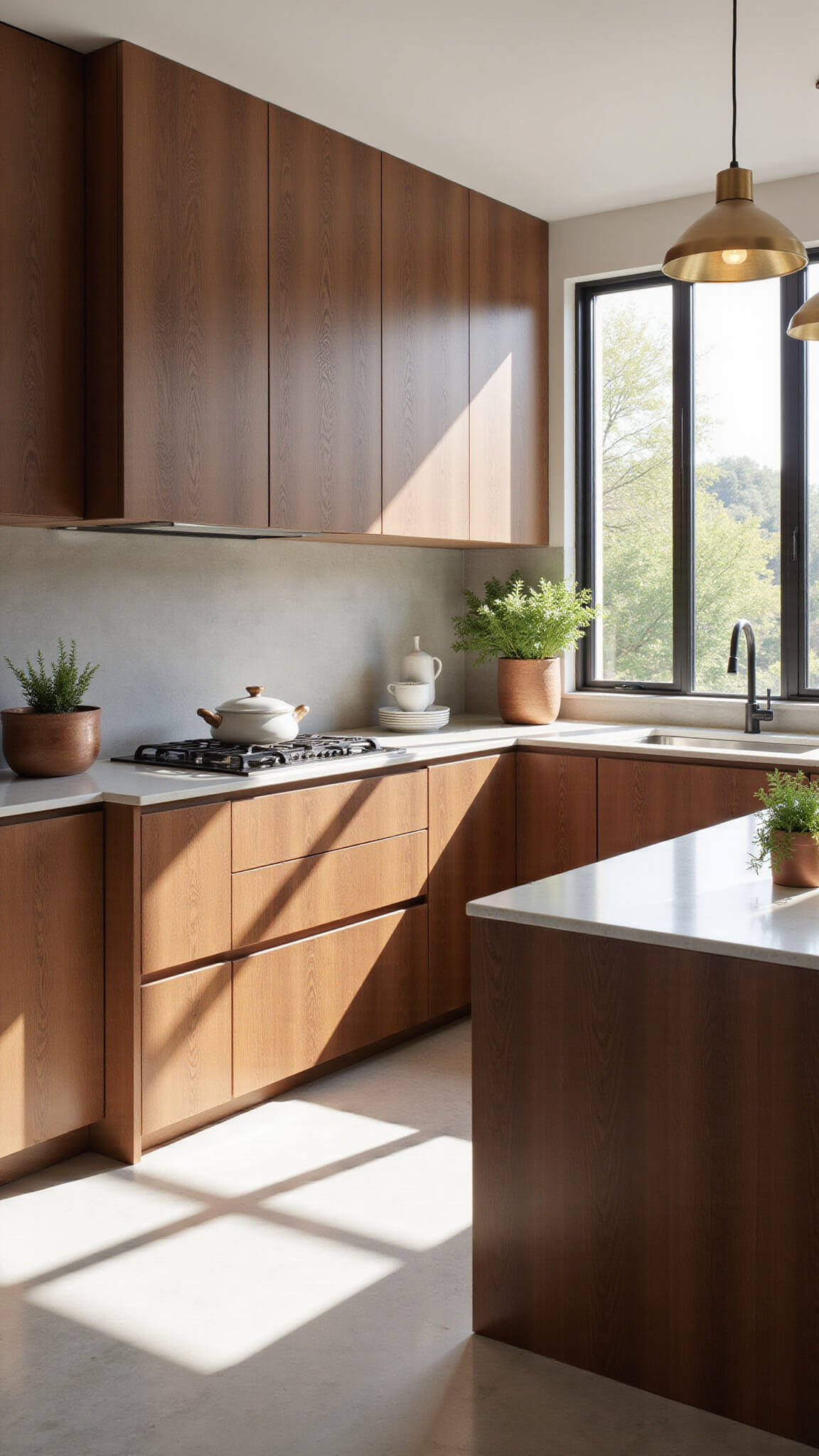 Modern 12x15 kitchen with walnut slab cabinets, white quartz waterfall island, floor-to-ceiling windows, and brass pendant lighting in warm morning light.
