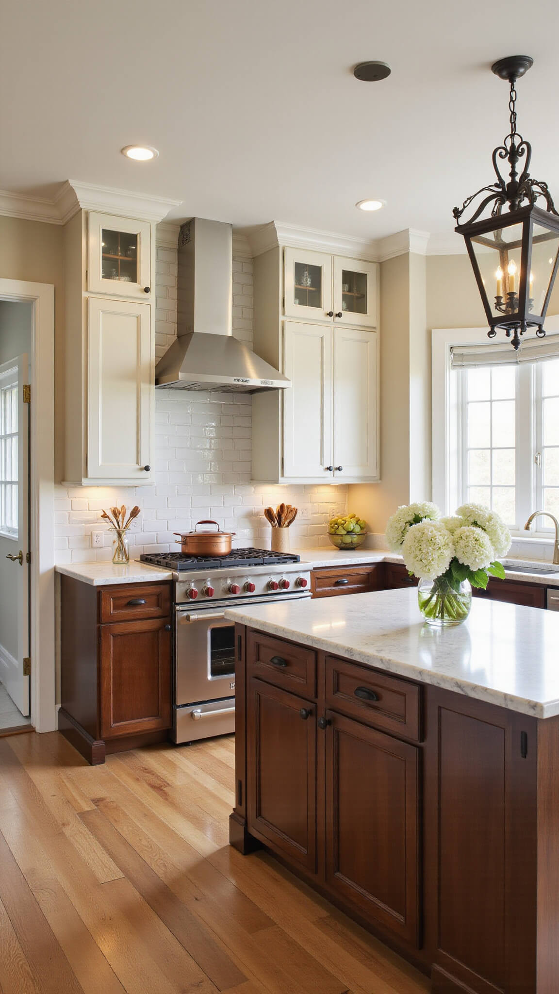Transitional 14'x16' kitchen with walnut and cream two-tone Shaker cabinets, marble countertops, antique brass accents, and warm golden hour lighting.