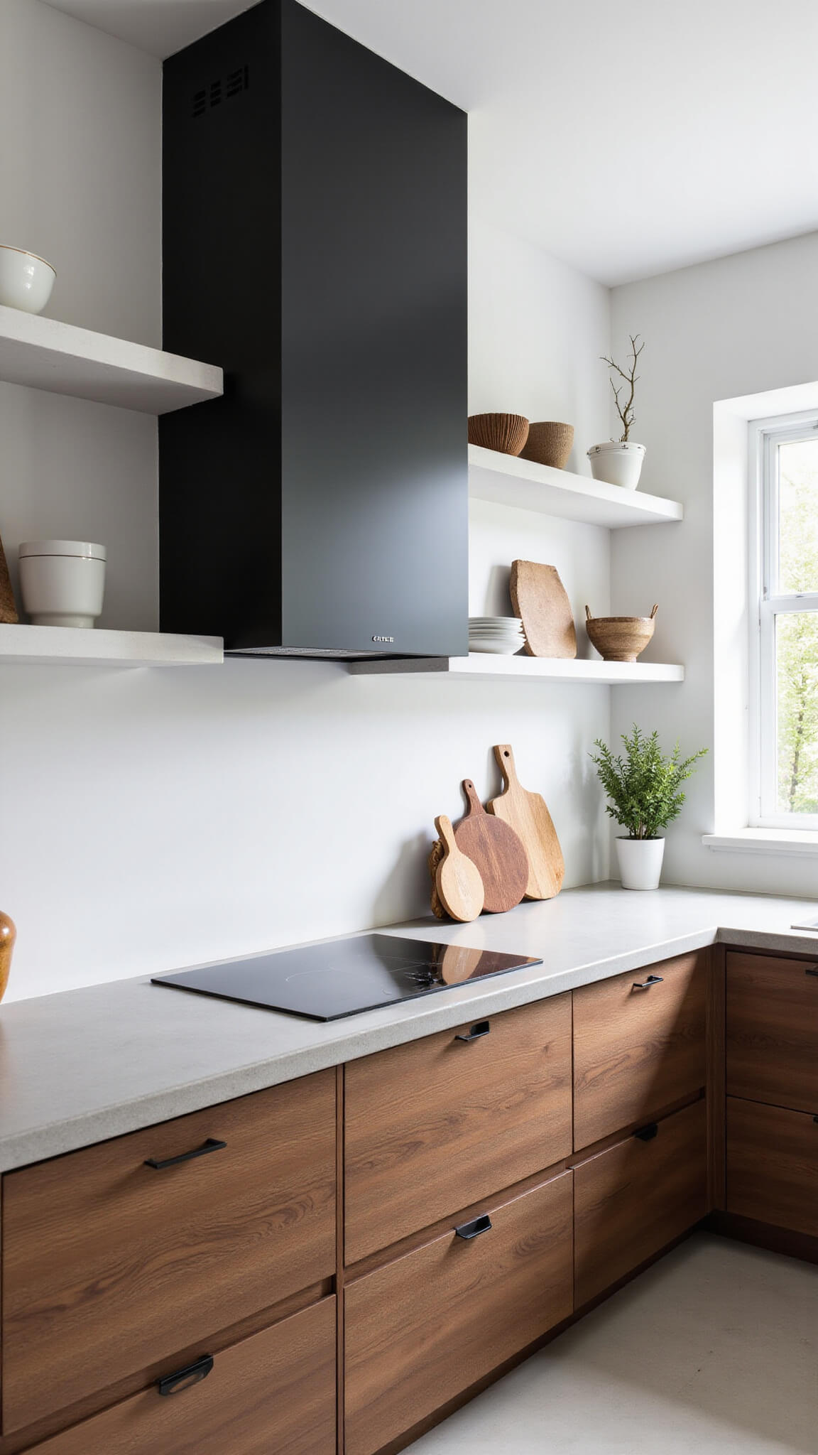 Scandinavian-style 10'x12' kitchen with walnut cabinets, concrete countertops, floating oak shelves, and black matte range hood in bright midday light.