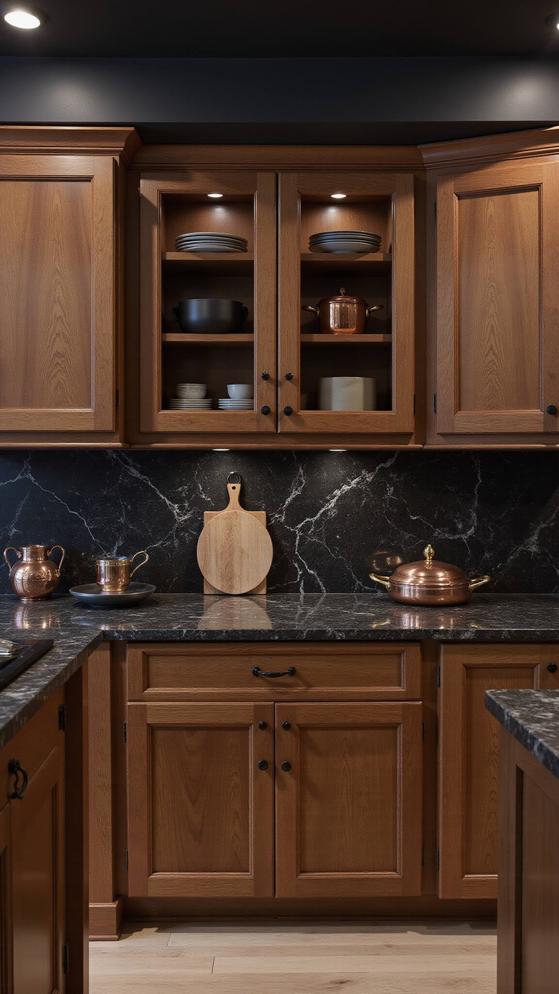 Moody luxury kitchen with walnut cabinets, black marble surfaces, brass pendant lights, and copper cookware.
