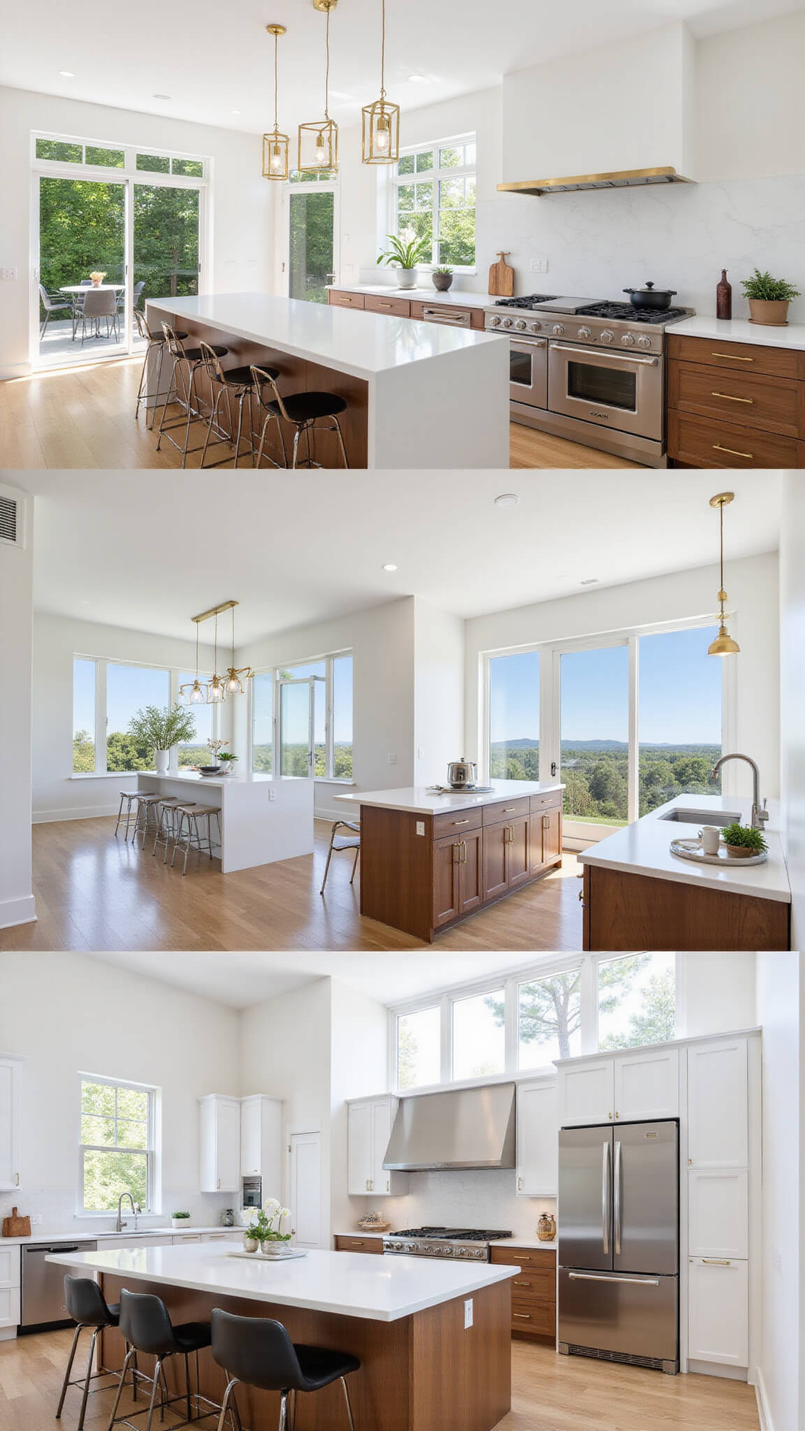 Bright contemporary kitchen with walnut lower cabinets, white uppers, large white quartz island, geometric brass lighting, and floor-to-ceiling windows.
