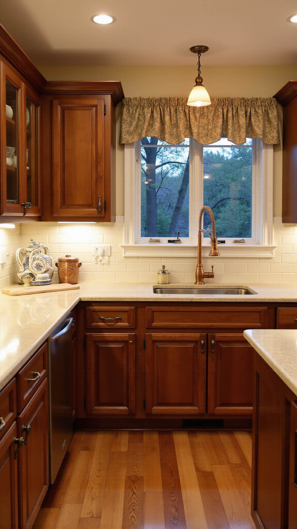 Warmly lit 11'x13' traditional kitchen with walnut cabinets, soapstone counters, cream subway tile backsplash, and vintage pendants at dusk.