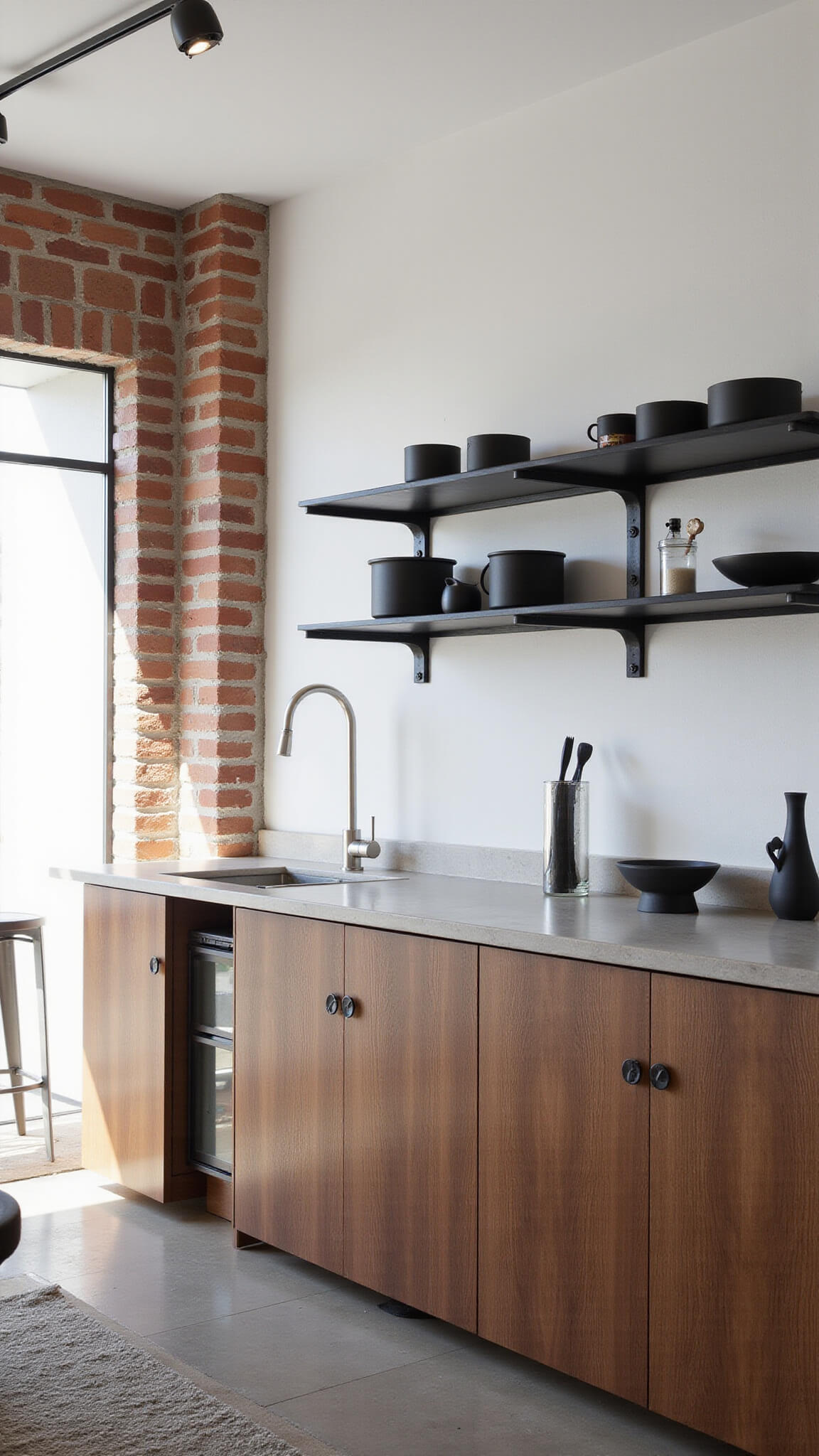 Industrial-modern kitchen with walnut cabinets, concrete countertops, black shelving, and white brick wall in morning light.