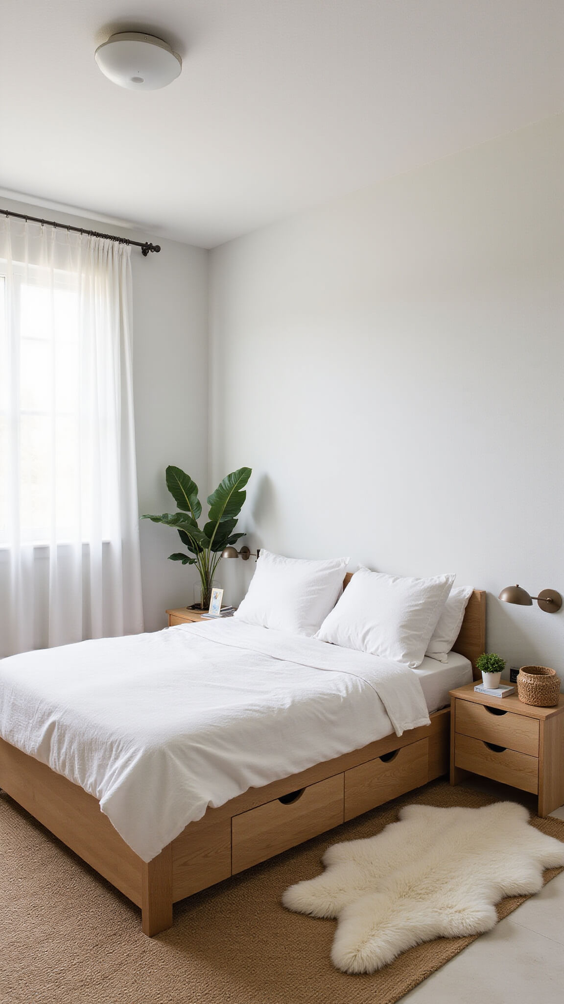 Minimalist 10'x12' bedroom with queen bed, white linens, built-in storage, oak nightstands, sheer curtains, jute rug, and potted fiddle leaf fig in soft morning light.
