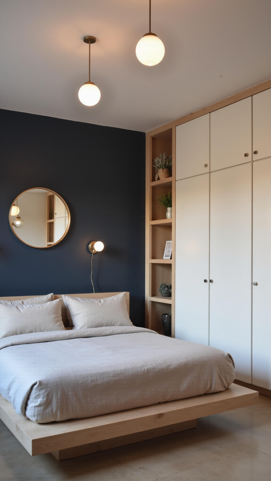 Scandinavian-style 9'x11' bedroom at golden hour with low platform bed, navy accent wall, pendant lighting, white floor-to-ceiling wardrobes, and floating shelves.