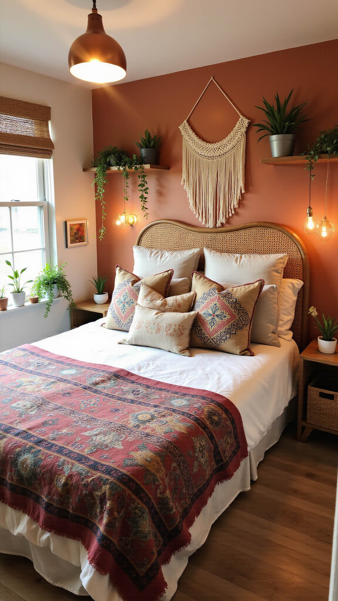 Cozy bohemian tiny bedroom with layered textiles, rattan headboard, terra cotta walls, string lights, and trailing plants on shelves.