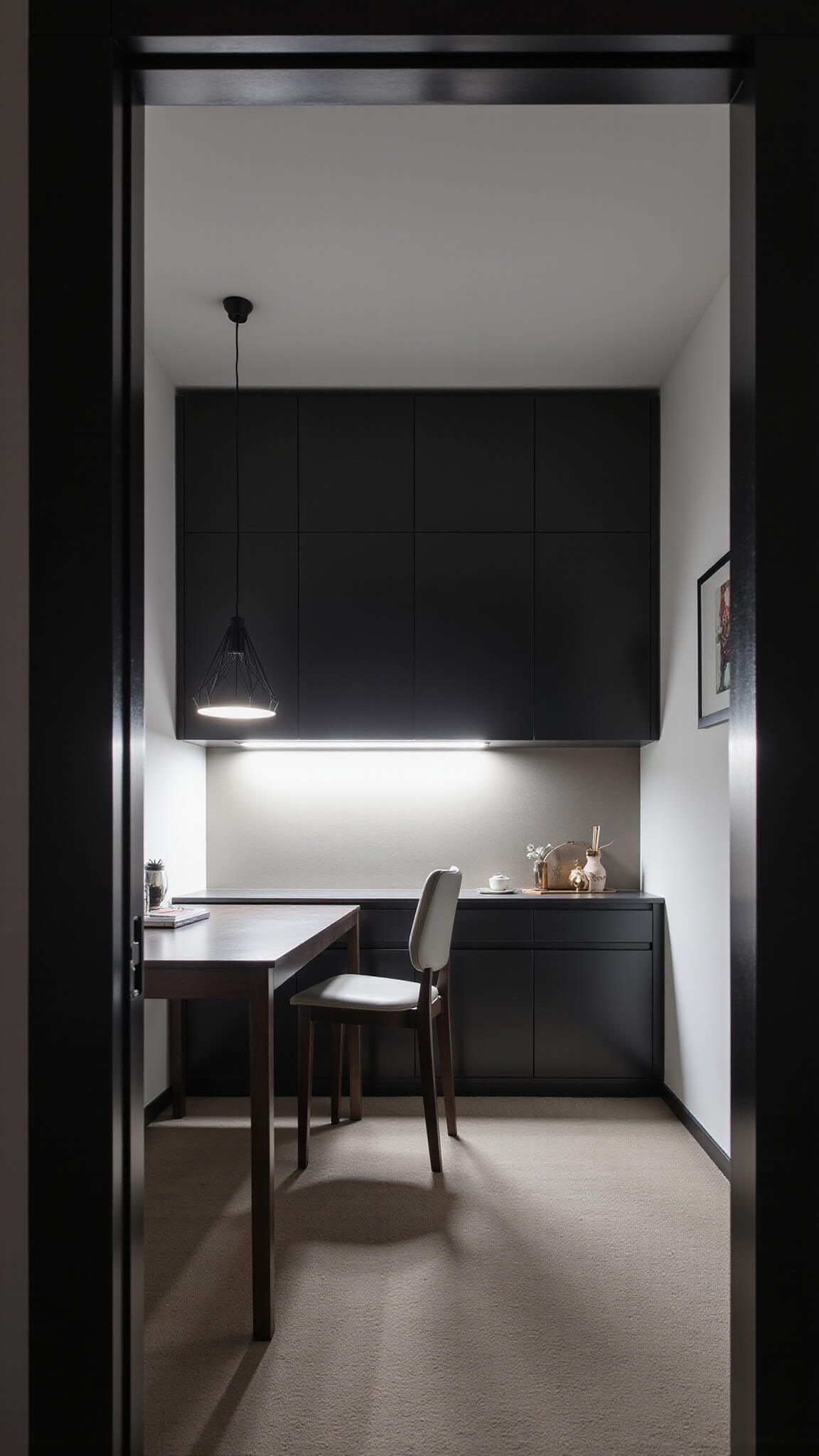 Modern 11'x10' minimalist bedroom with matte black built-in storage, floating bed with LED lighting, geometric pendant casting shadows, and sleek desk-nightstand combo, photographed at dusk with dramatic uplighting.