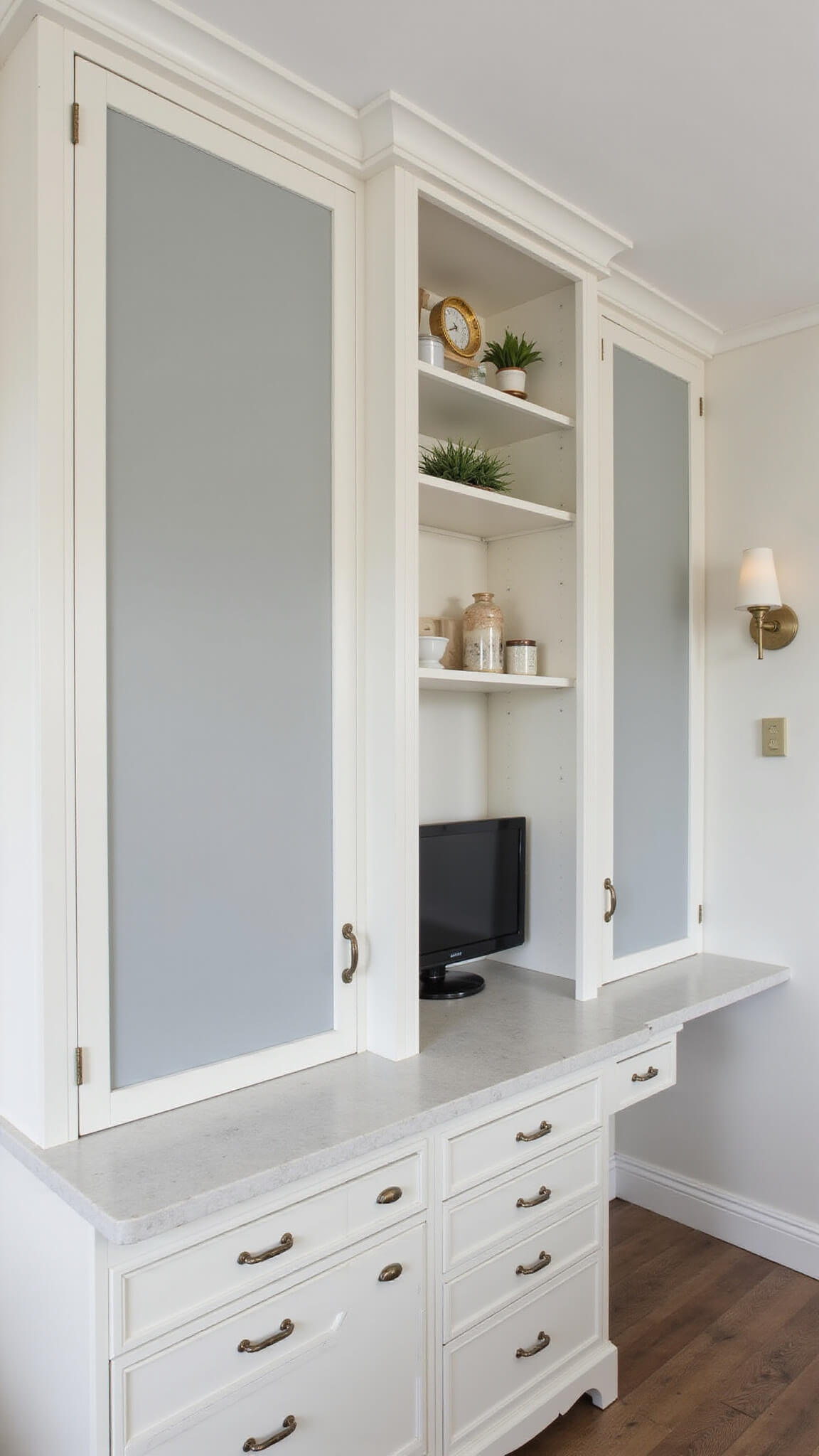 Murphy bed transformed into desk in light-filled 10'x9' bedroom office with white walls, gray accents, brass hardware, and organized shelving.