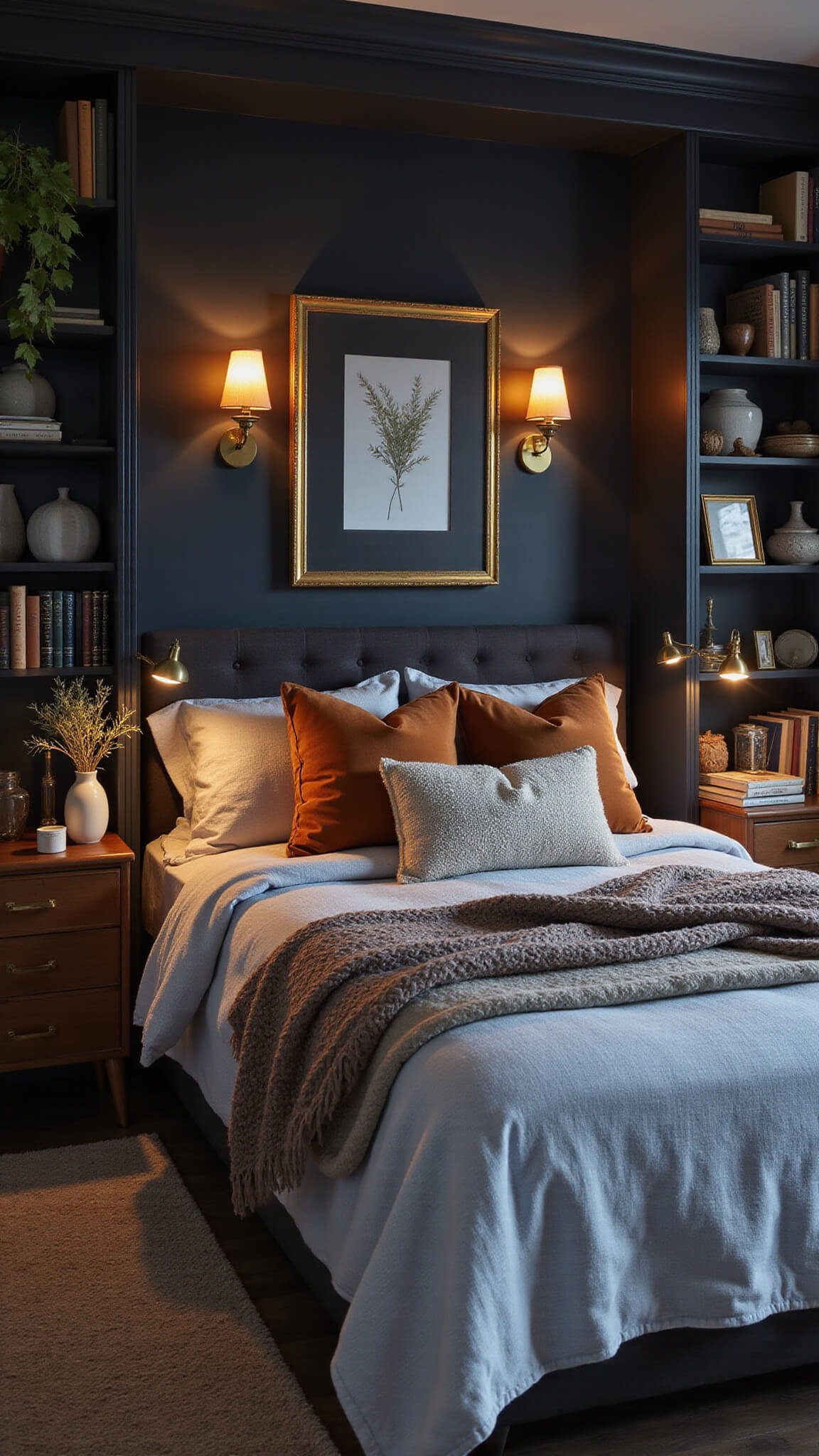Cozy 9x12 autumn bedroom with dark charcoal accent wall, upholstered headboard, amber sconces, chunky knits, velvet pillows, wool rug, vintage brass mirror, and built-in bookshelves in moody blue hour lighting.