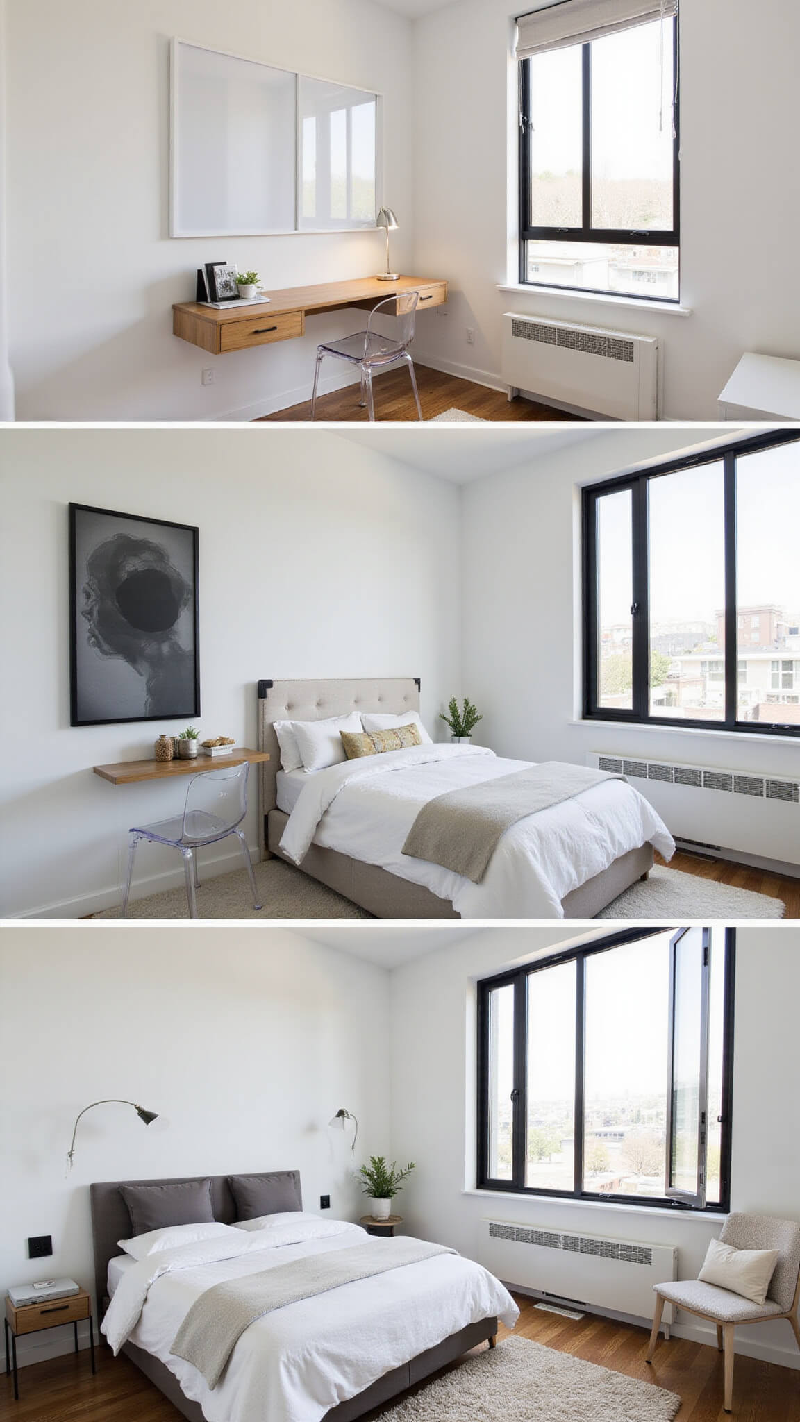 Modern 8'x11' bedroom with fold-away wall desk, floating nightstands, under-bed storage, white walls, black window frames, and minimal functional decor, shot from above in bright daylight.