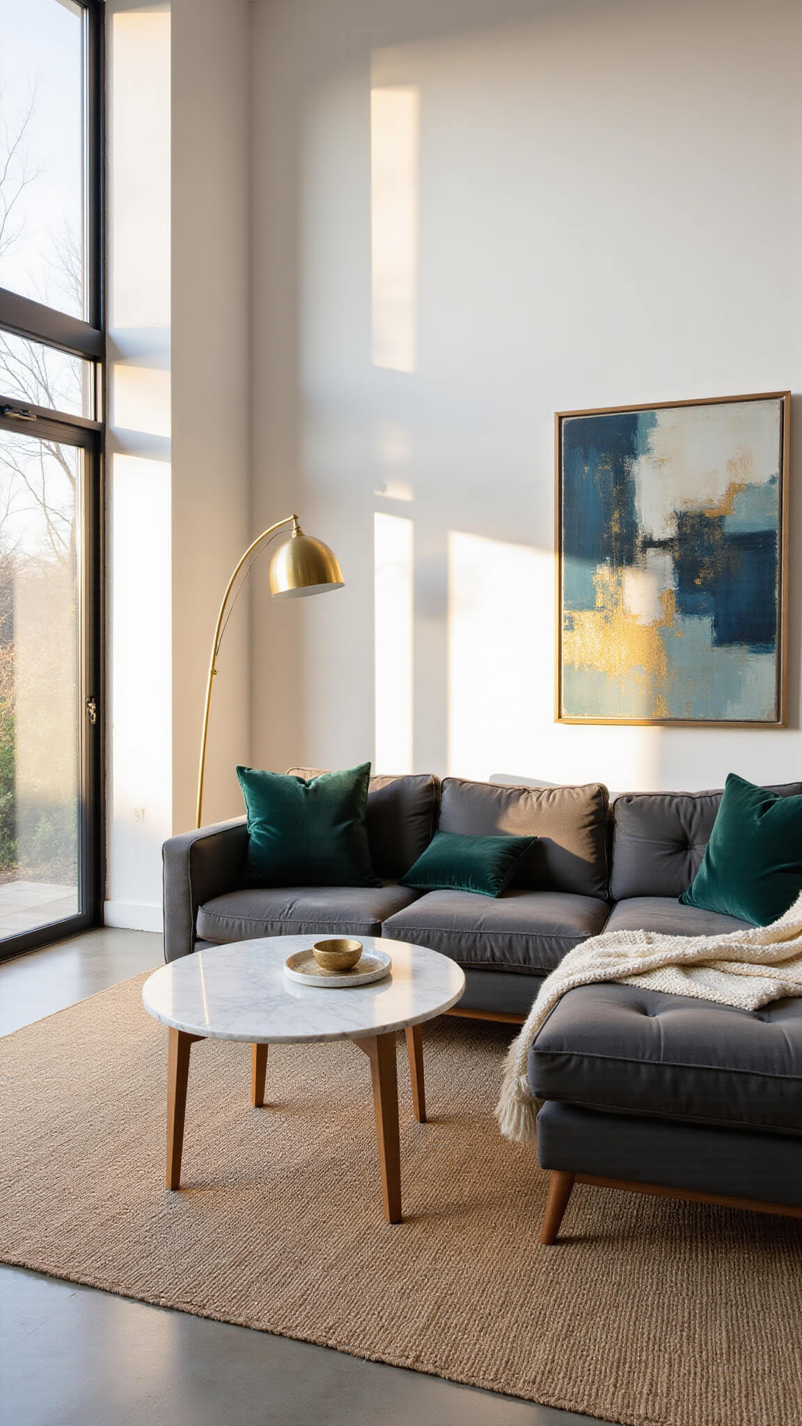Luxurious living room with charcoal grey L-sectional, emerald pillows, marble coffee table, and abstract art, bathed in golden hour light.