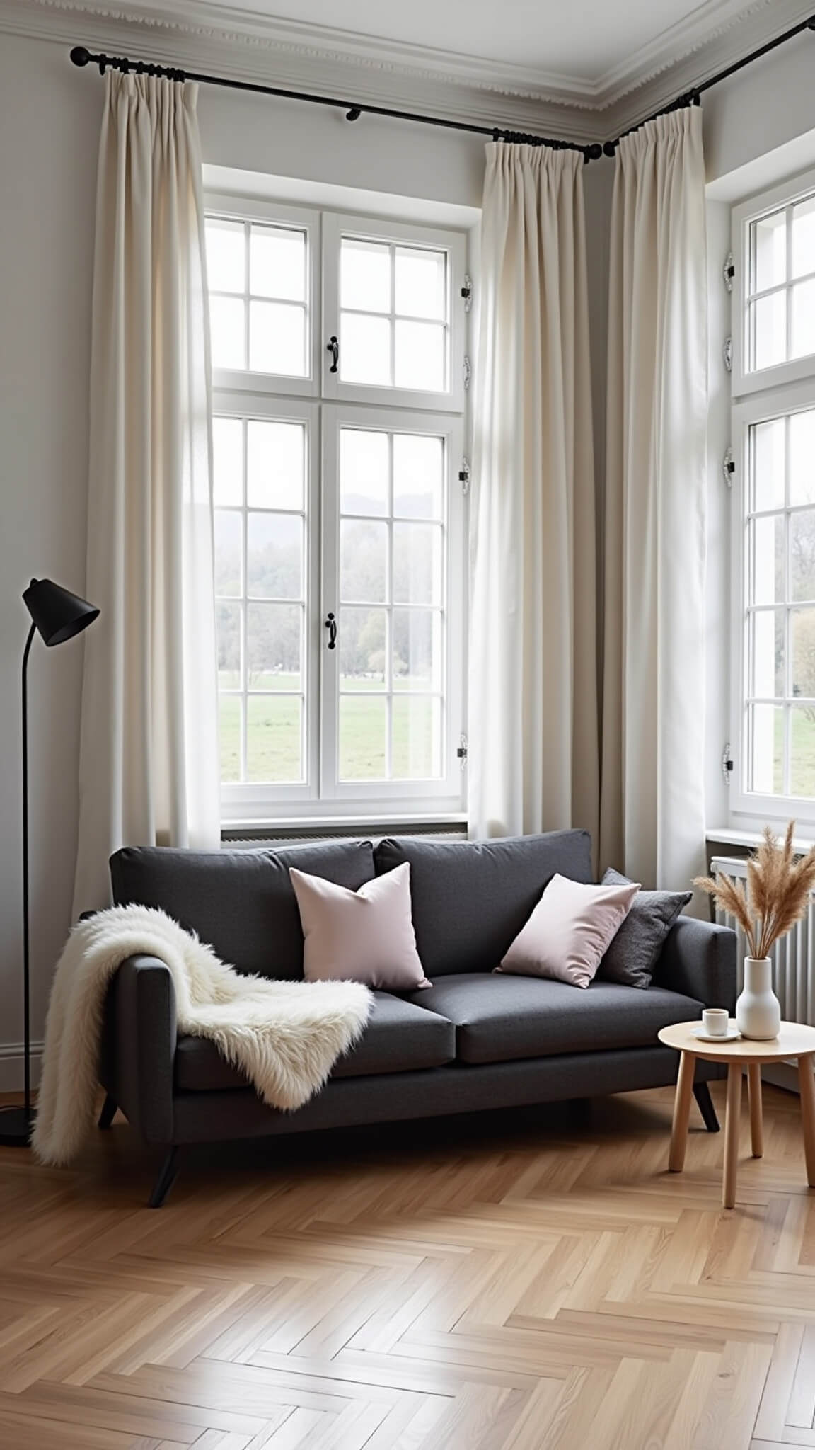 Scandinavian-style 12x12' living room at sunrise with light oak herringbone floors, dark grey sofa, soft pillows, sheepskin throw, minimal furnishings, and natural lighting.