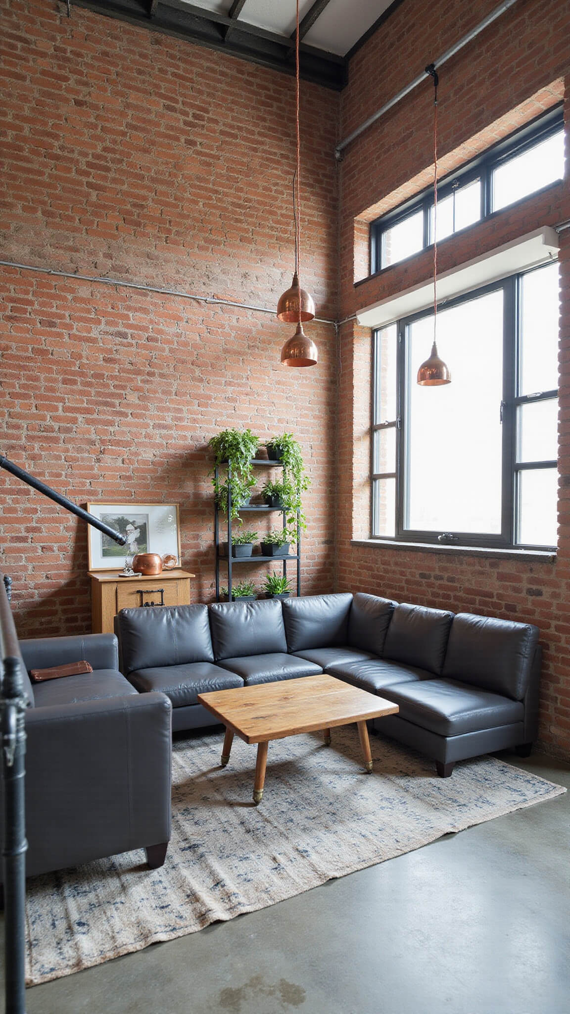 Industrial loft living area with exposed brick wall, high ceilings with steel beams, grey leather sectional, reclaimed wood coffee table, copper pendant lights, iron pipe shelving with plants, and polished concrete floors with vintage rug, viewed from staircase.