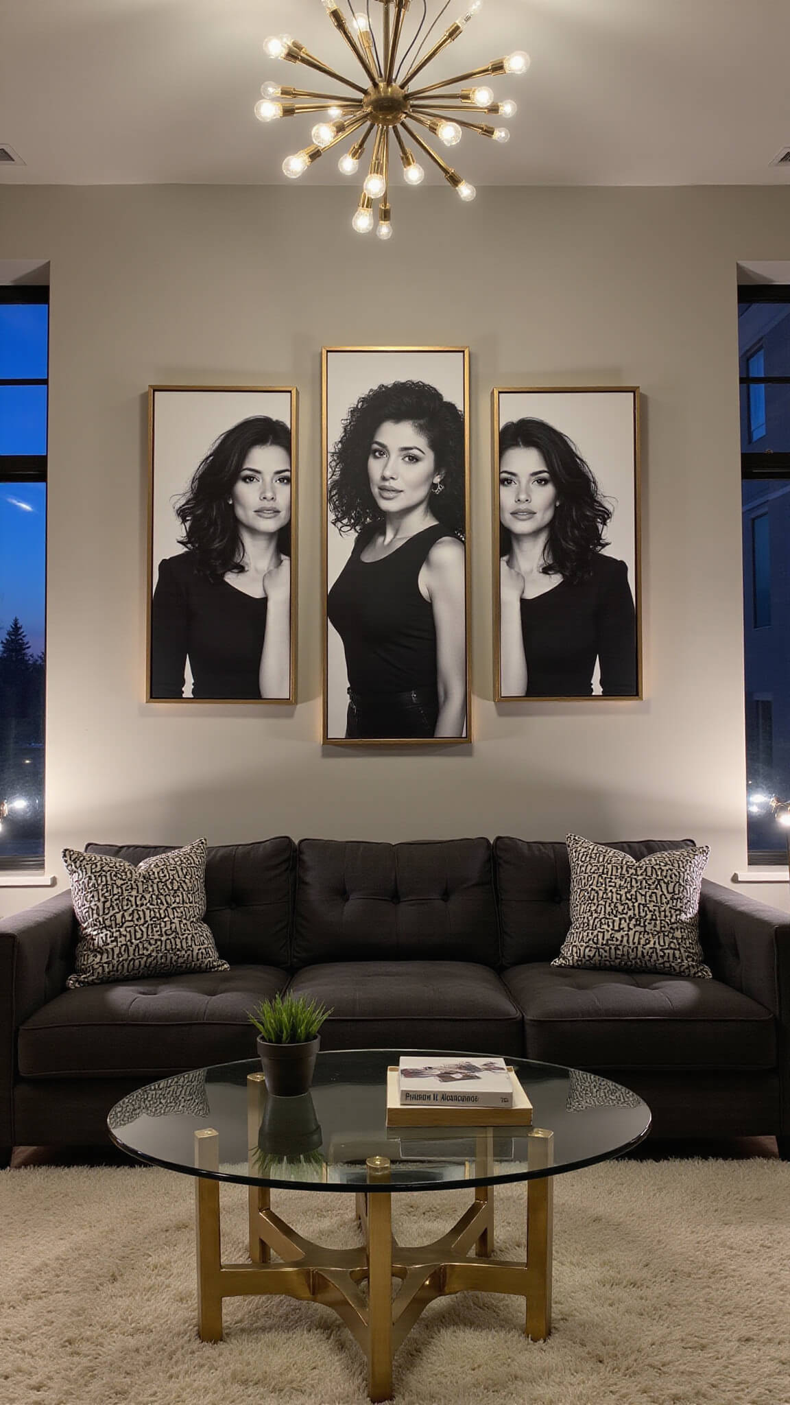 Moody contemporary living room with dark grey tufted sofa, geometric pillows, glass coffee table, sputnik chandelier, and black-and-white photo triptych.