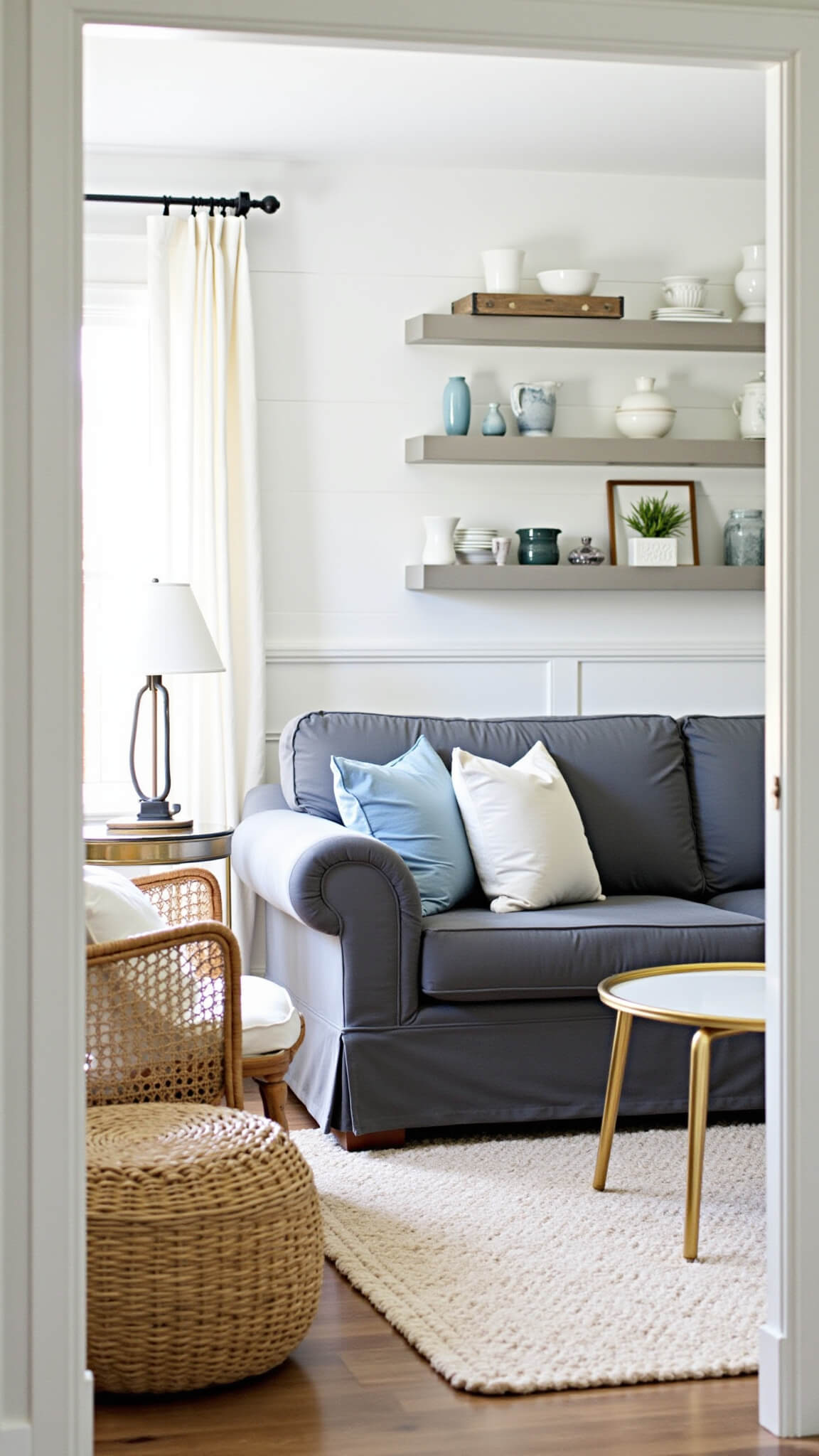 Coastal-themed living room with charcoal grey sofa, rattan chair, blue ombre pillows, and white ceramics on floating shelves, bathed in bright mid-morning light.