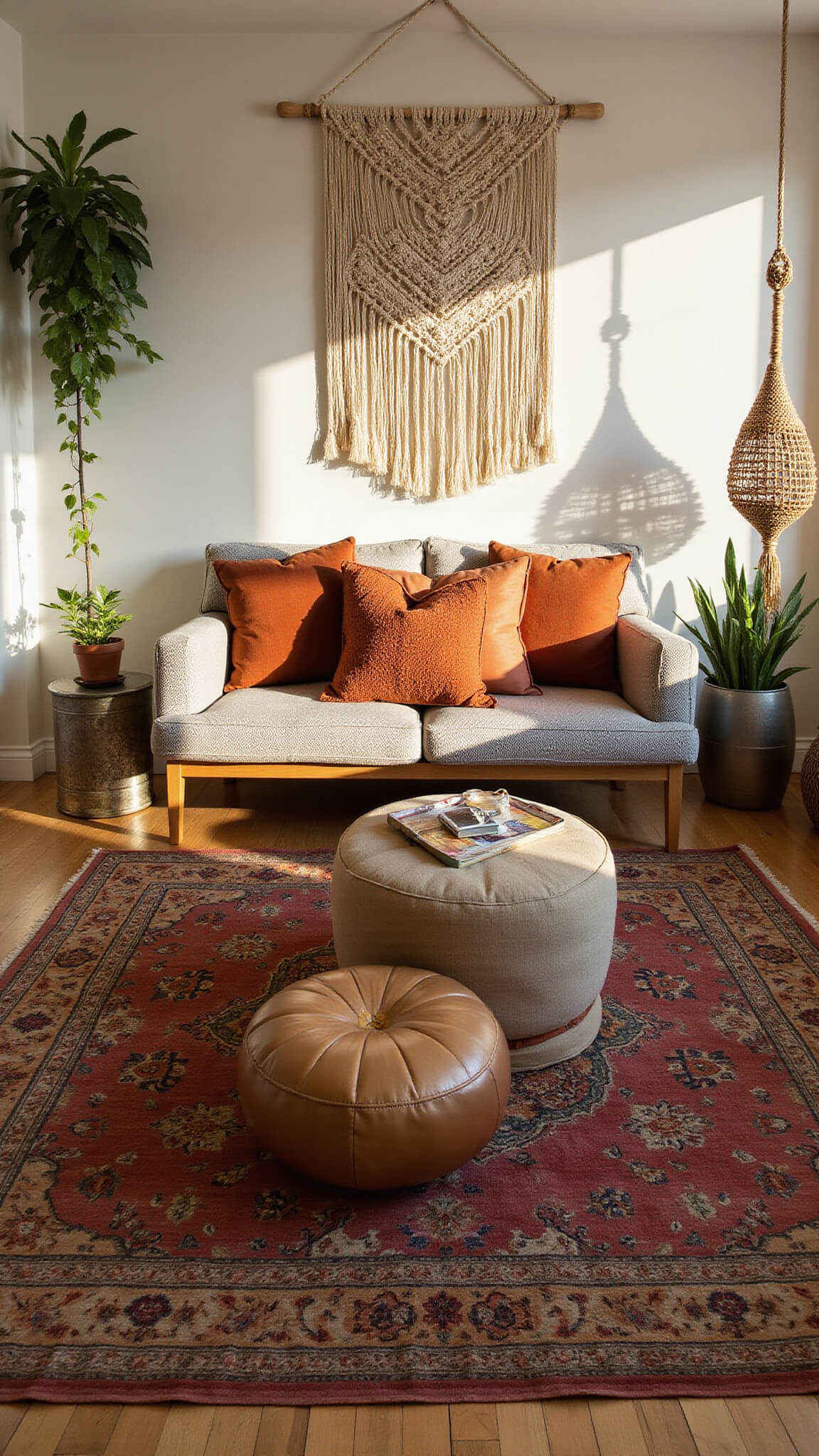 Cozy Bohemian 12x14' living room at golden hour with a low grey bouclé sofa, rust and amber Moroccan pillows, macramé wall hanging, rattan chair, metallic poofs, potted plants, and layered vintage rugs.