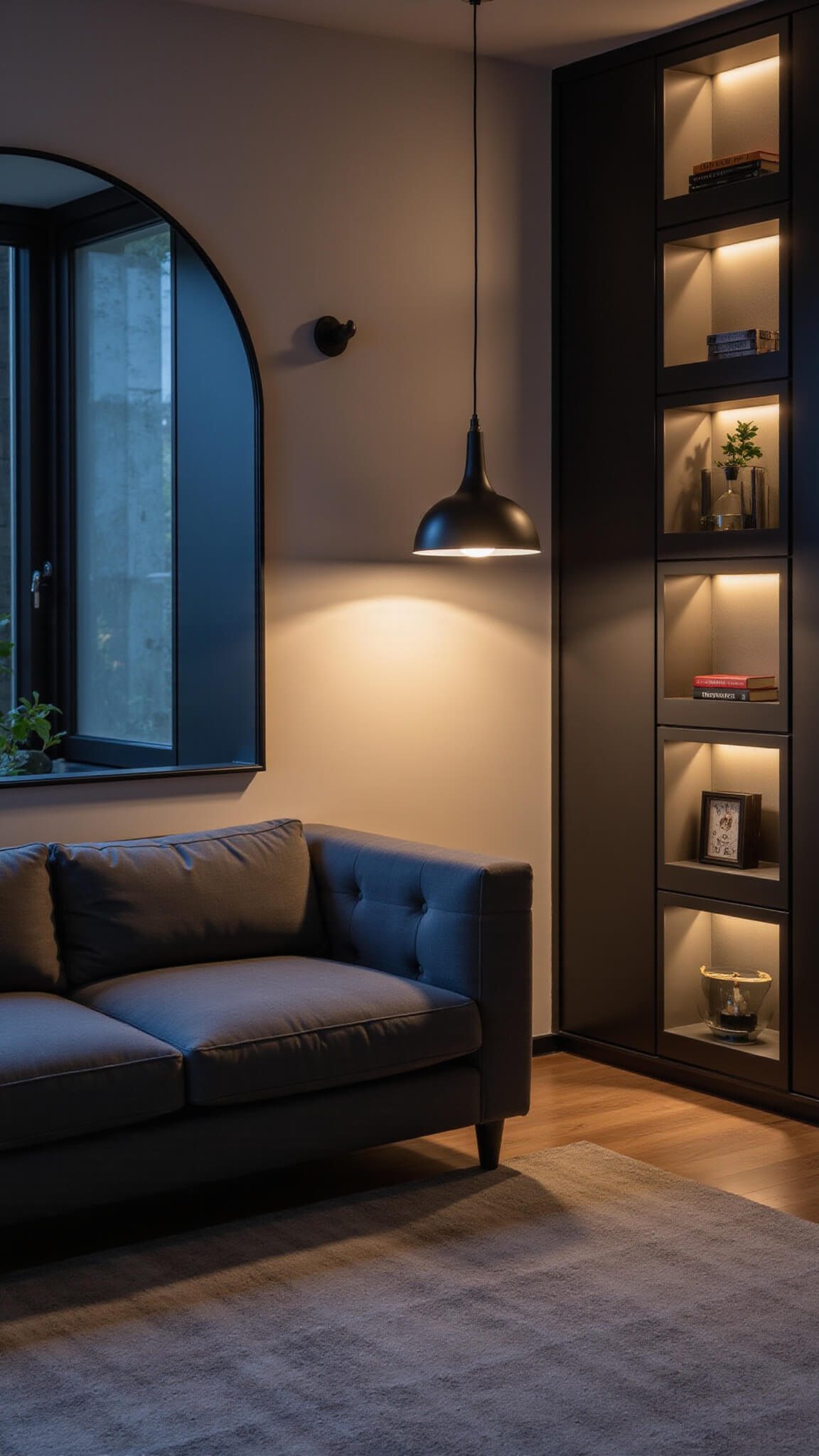 Contemporary living room at dusk with layered lighting, featuring a charcoal sofa, arched mirror, and matte black shelves against pale greige walls.