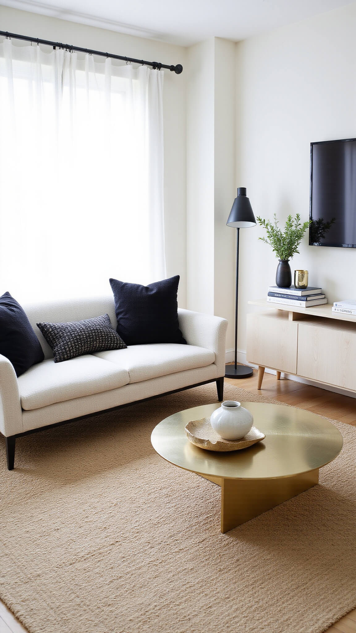 Minimalist 12'x14' living room with ivory bouclé loveseat, brass coffee table, and bleached oak media console bathed in morning light through sheer curtains.