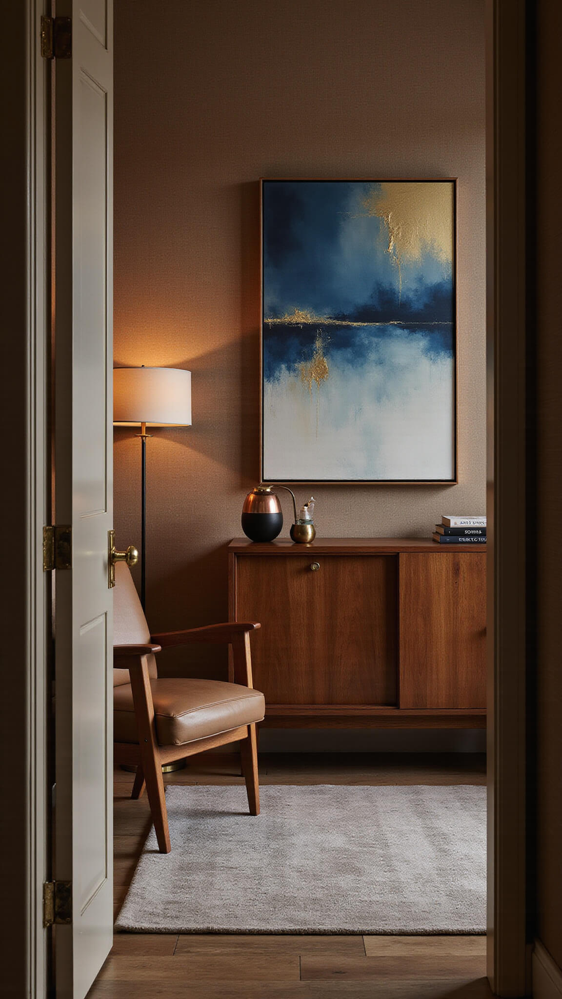 Cozy modern living room with dramatic lighting, mid-century leather chair, walnut credenza, abstract blue and gold art, and warm metallic accents.