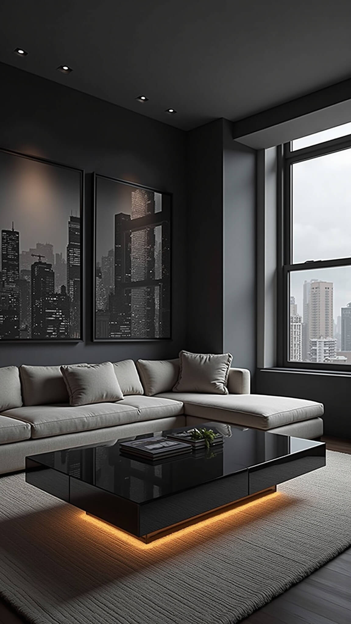 Twilight urban living room with gray modular sofa, black metal and glass coffee table, LED strip lighting, gallery wall of black and white photos, city views, and monochromatic décor.
