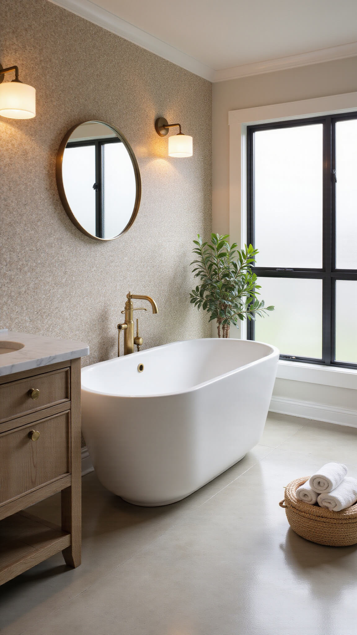 Modern spa-style master bathroom with a central white oval soaking tub, textured greige tile accent wall, floating oak double vanity, brass sconces, and soft natural light.