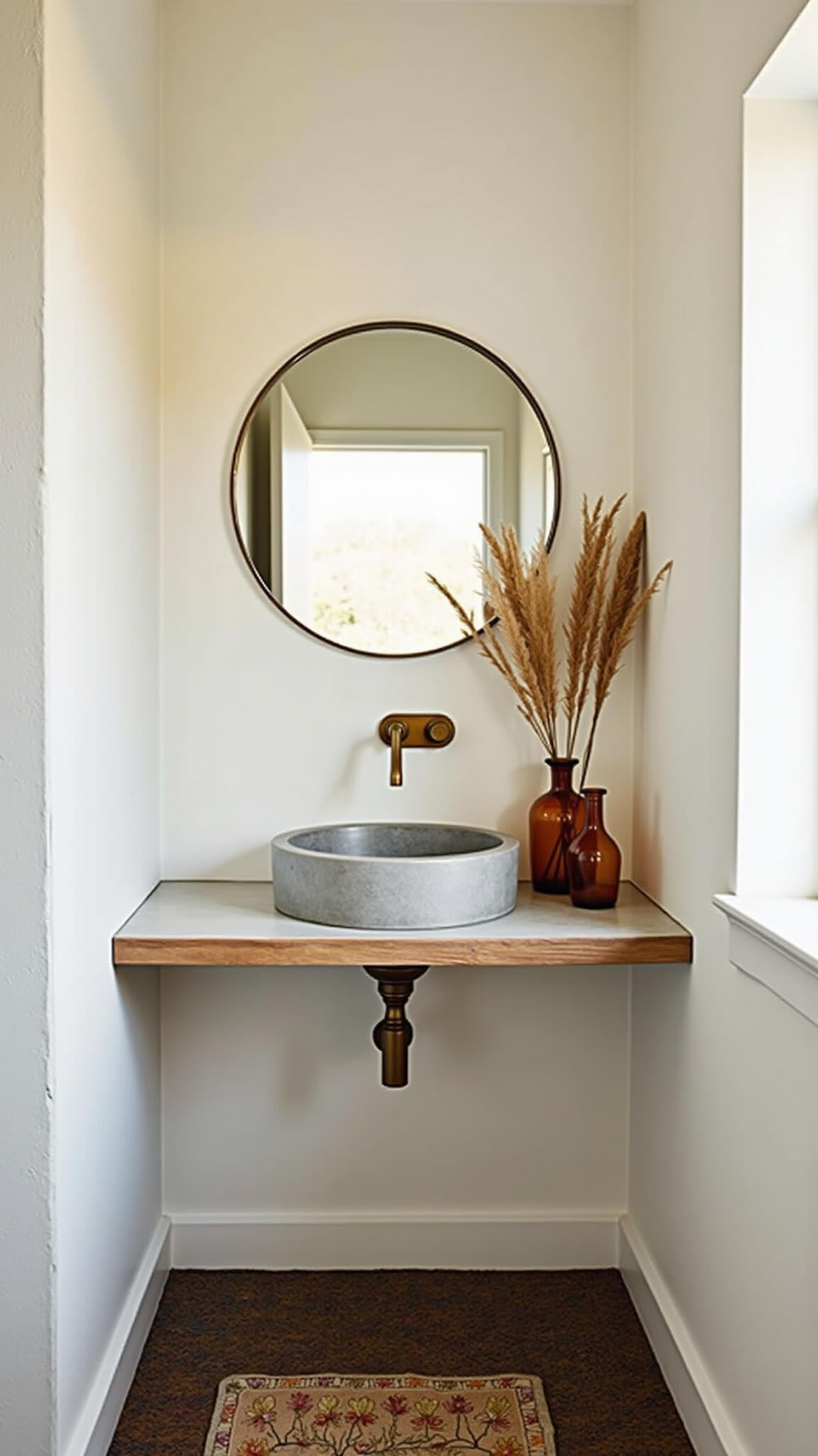 Minimal powder room with floating concrete sink, brass wall-mounted faucet, large round mirror, and vintage kilim runner, bathed in golden hour light.