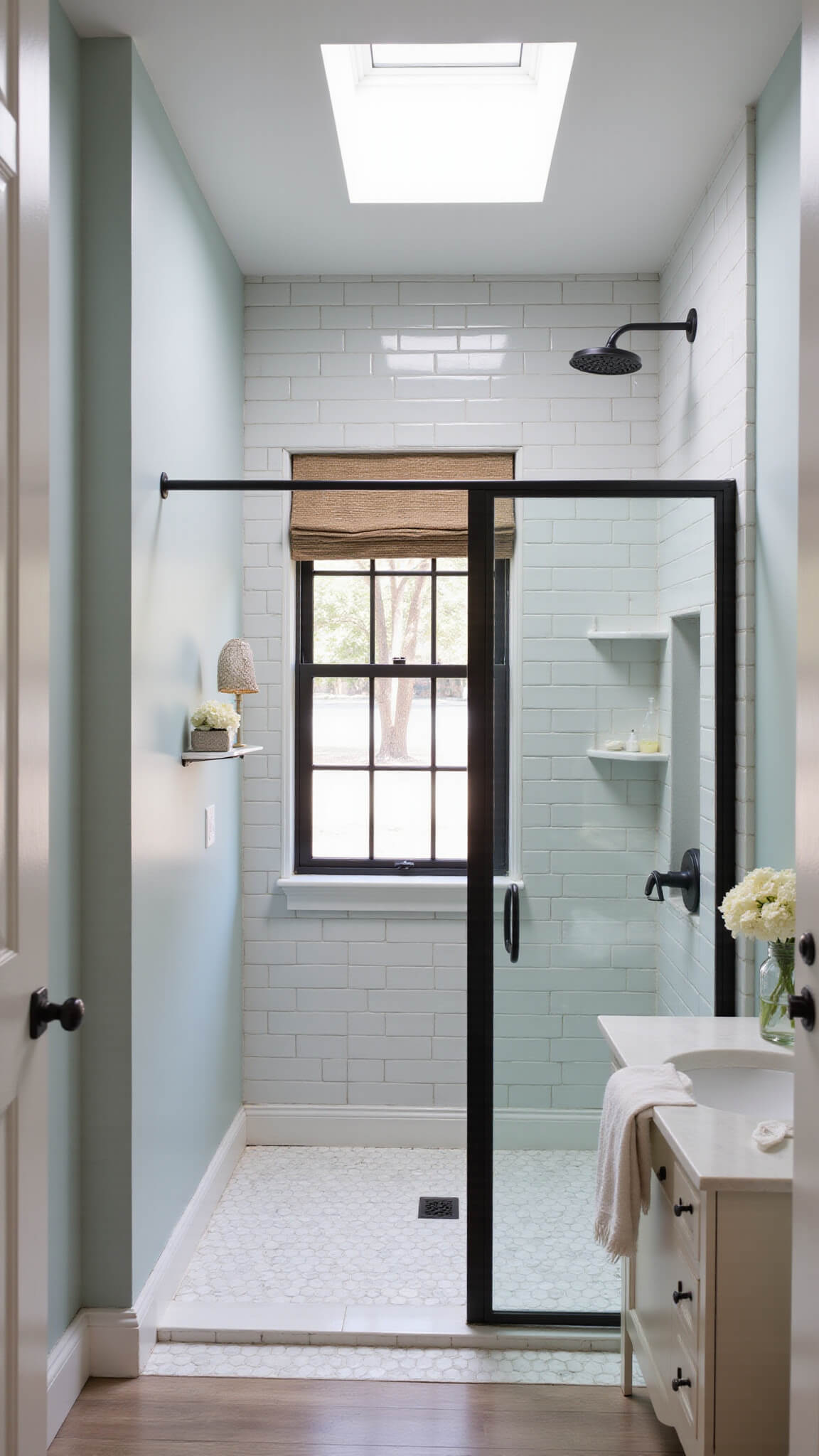 Coastal contemporary guest bathroom with pale blue-gray walls, white subway tile shower, glass enclosure with matte black frame, marble hexagon floor tiles, skylight lighting, sea glass decor, and white hydrangeas.